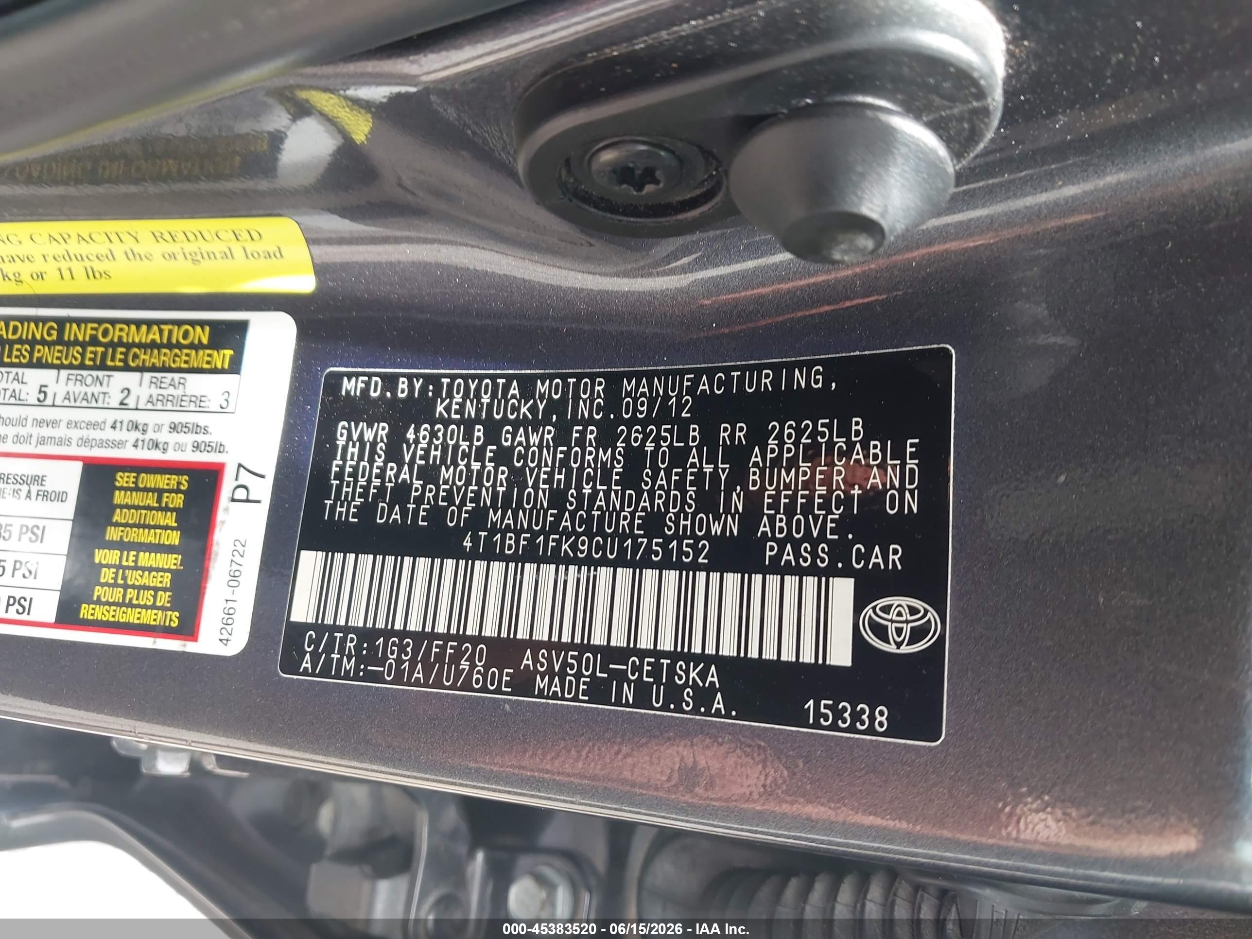 2012 Toyota Camry Se Gray vin: 4T1BF1FK9CU175152
