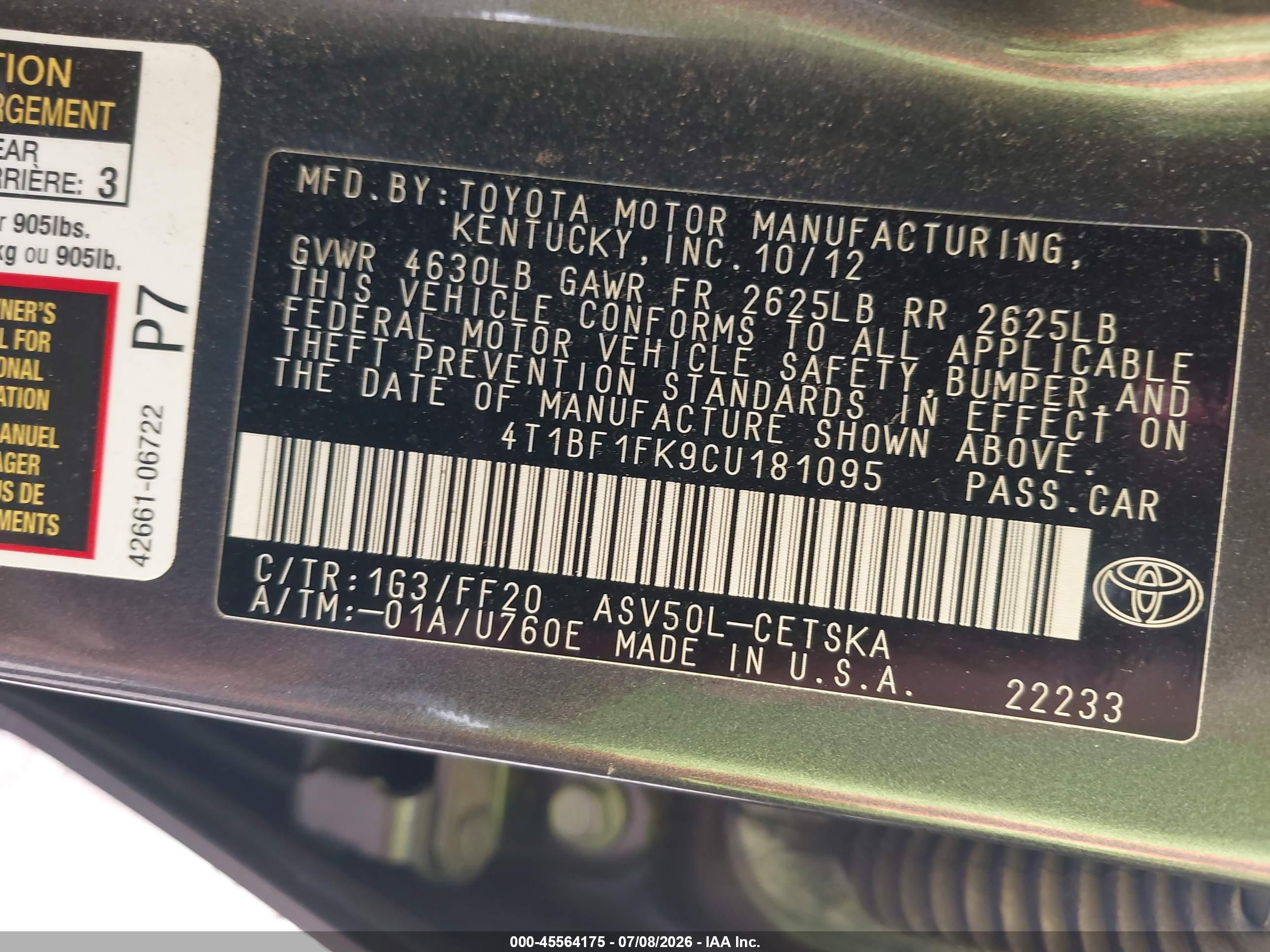 2012 Toyota Camry Se Серый vin: 4T1BF1FK9CU181095