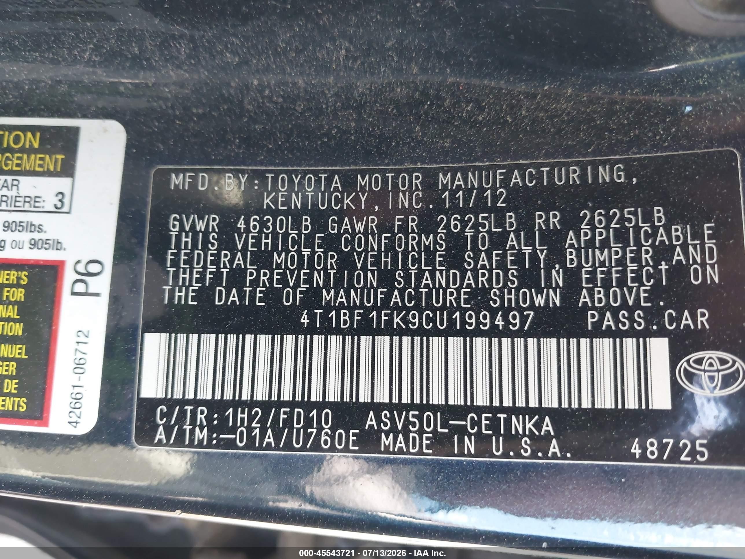 2012 Toyota Camry Le Black vin: 4T1BF1FK9CU199497