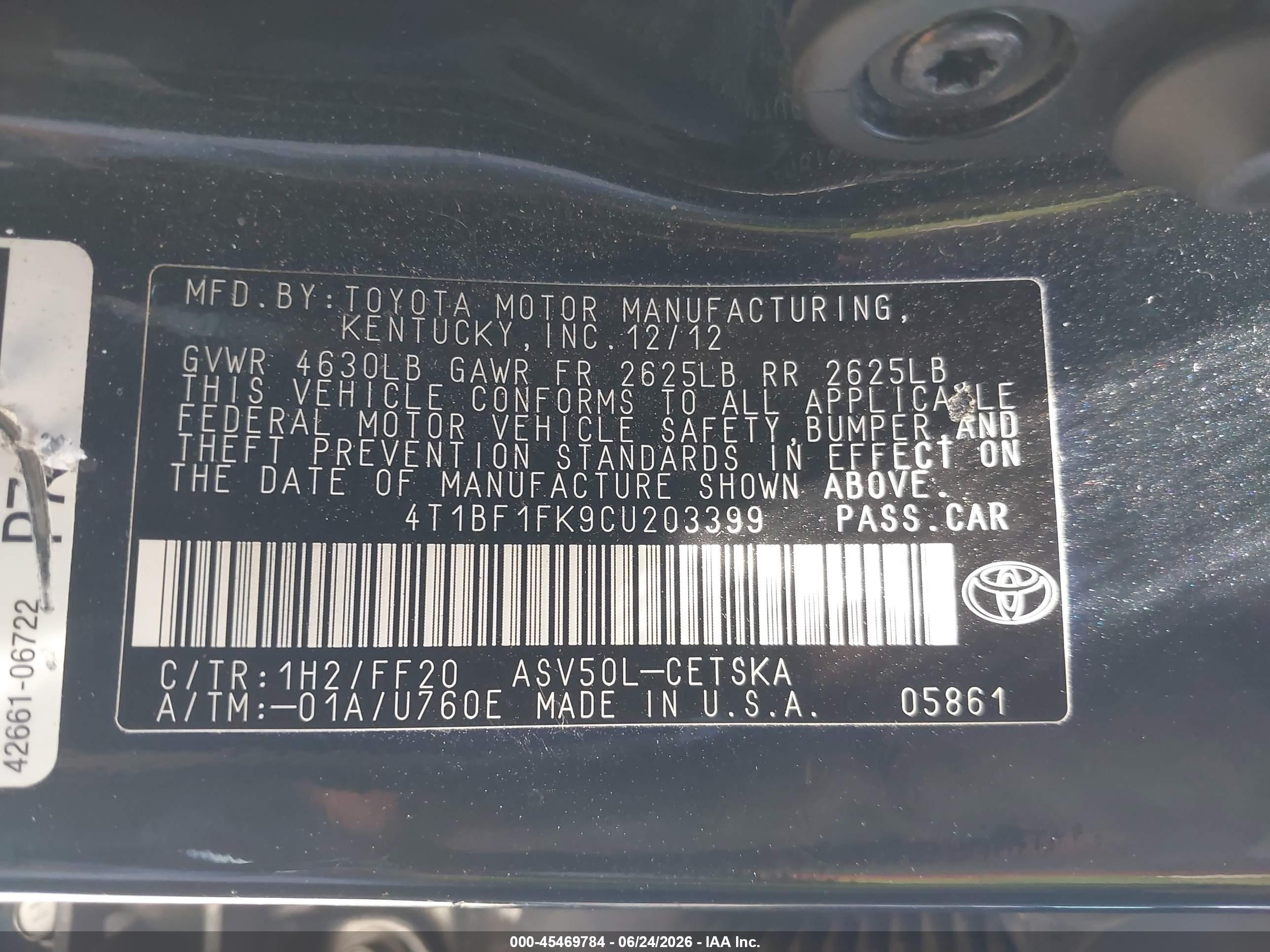 2012 Toyota Camry Se/le/xle Dark Blue vin: 4T1BF1FK9CU203399