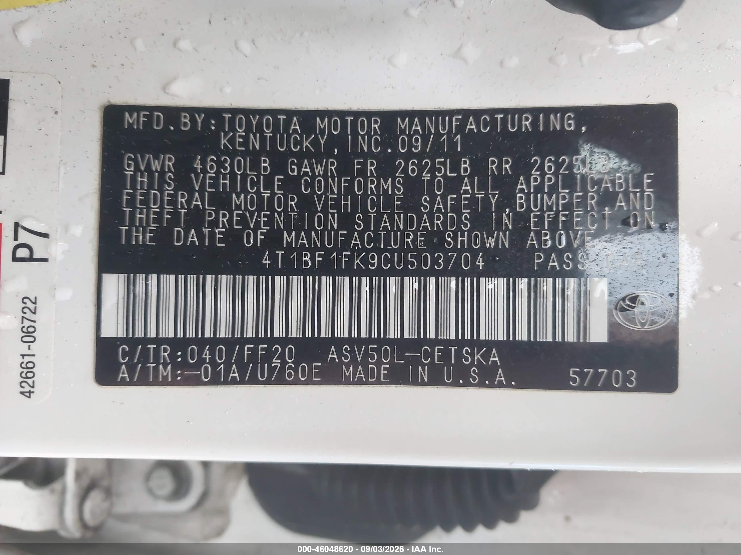 2012 Toyota Camry Se White vin: 4T1BF1FK9CU503704