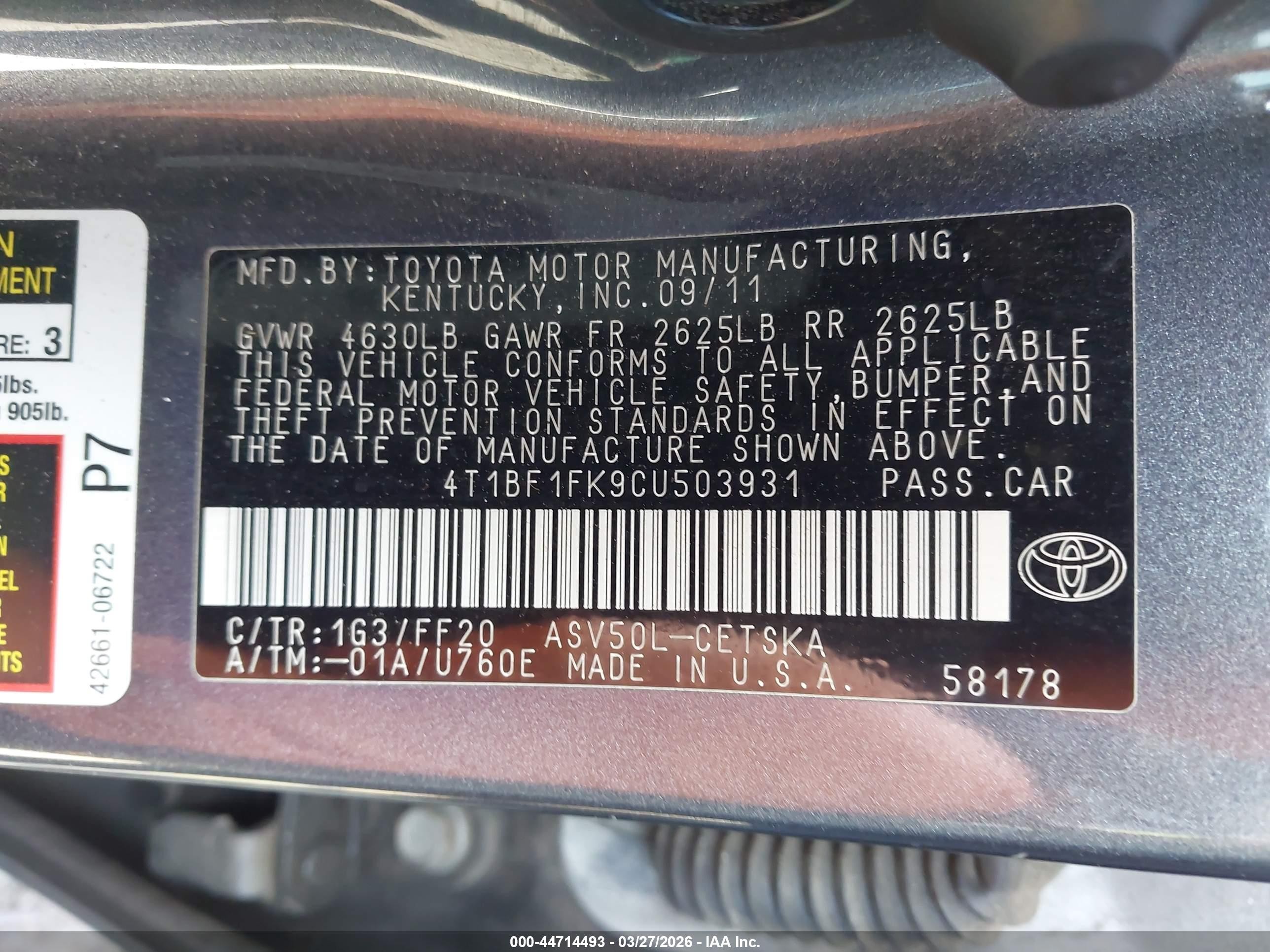 2012 Toyota Camry Se Gray vin: 4T1BF1FK9CU503931