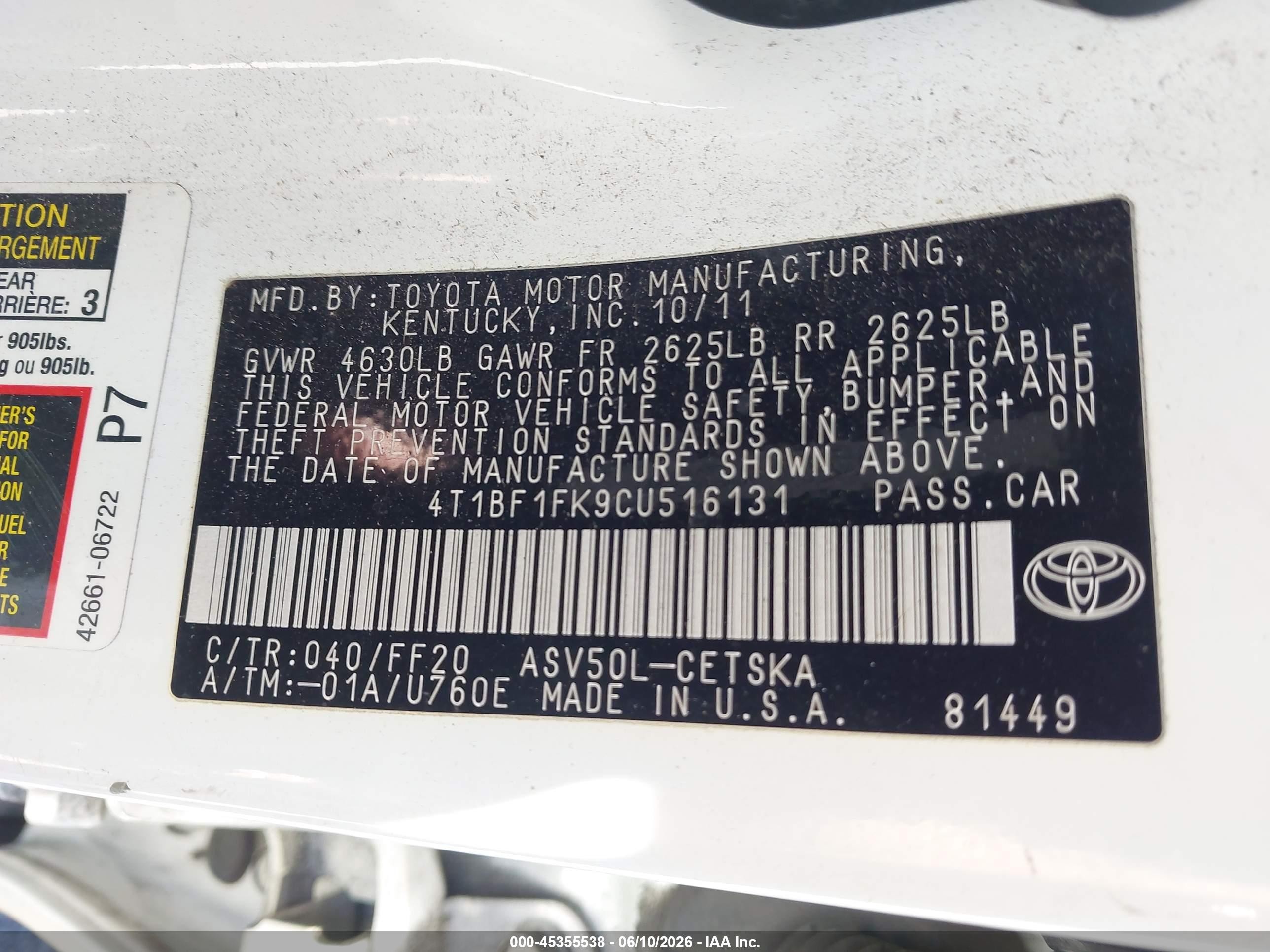 2012 Toyota Camry Se White vin: 4T1BF1FK9CU516131