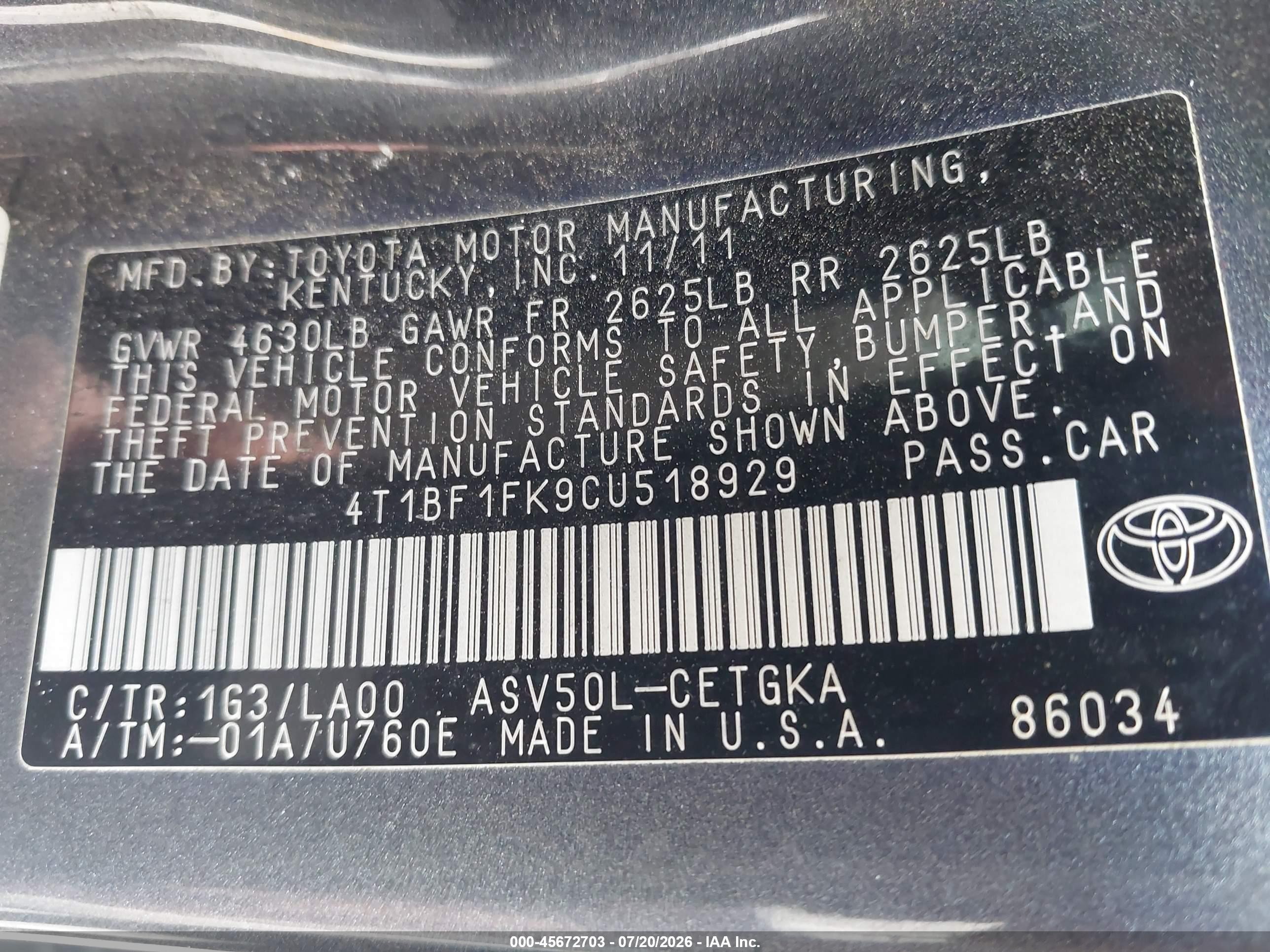 2012 Toyota Camry Xle Gray vin: 4T1BF1FK9CU518929