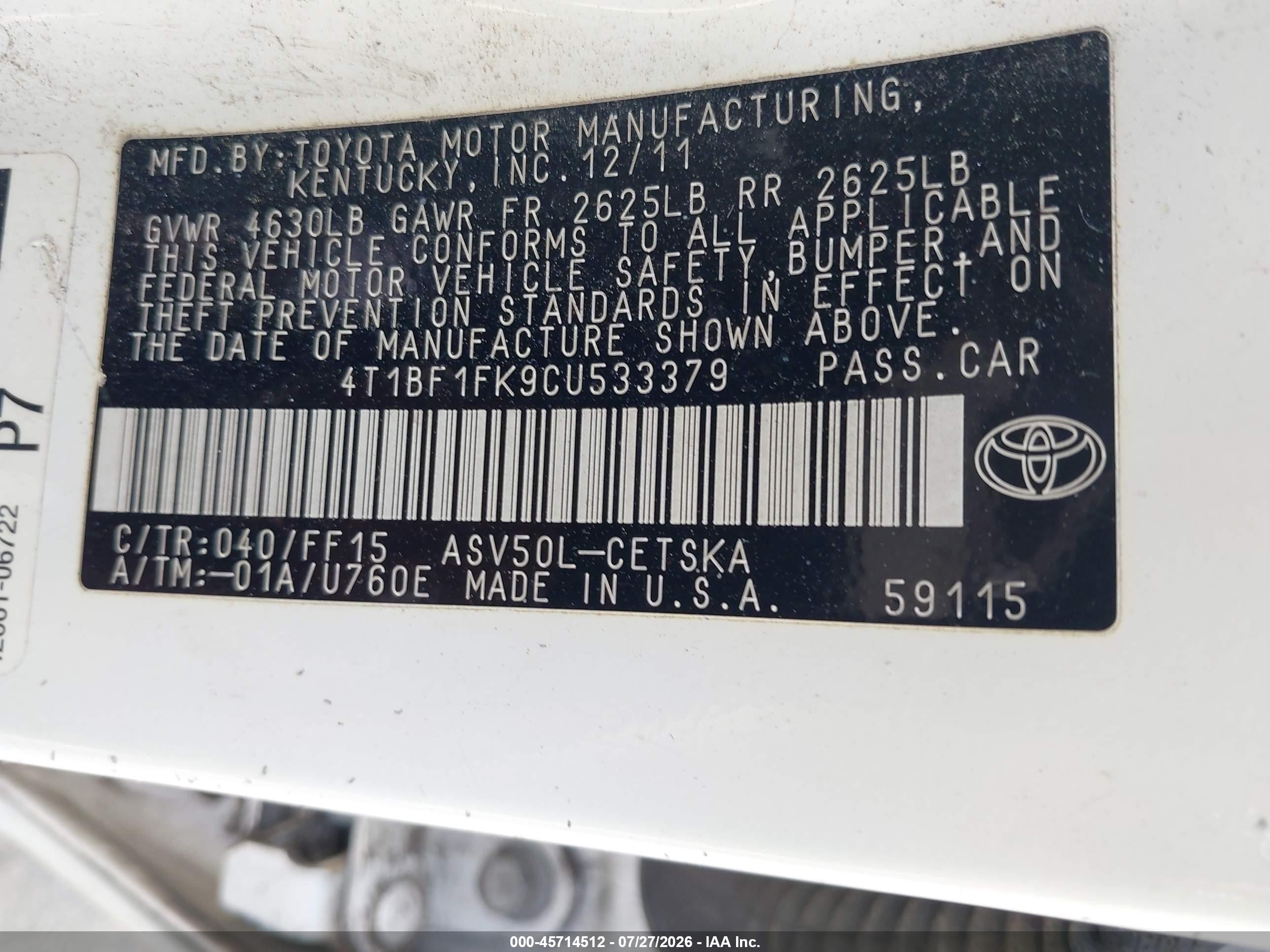 2012 Toyota Camry Se White vin: 4T1BF1FK9CU533379