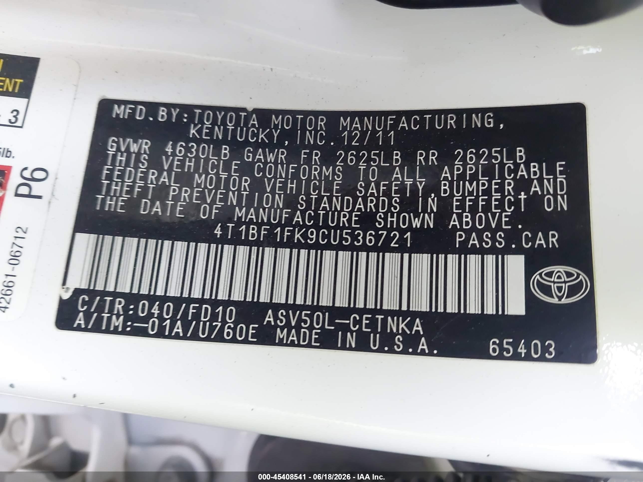2012 Toyota Camry Le White vin: 4T1BF1FK9CU536721
