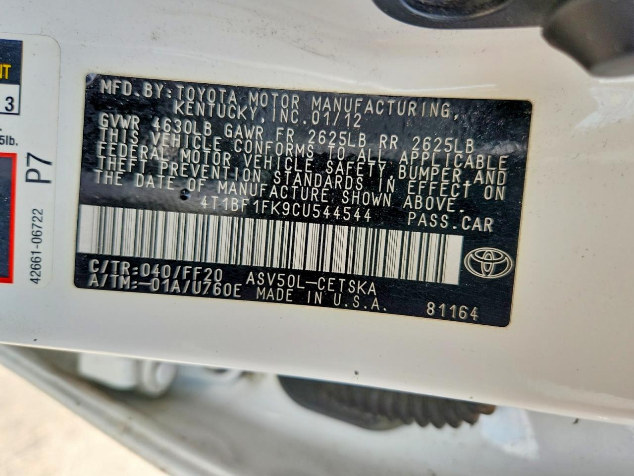 2012 Toyota Camry Se White vin: 4T1BF1FK9CU544544