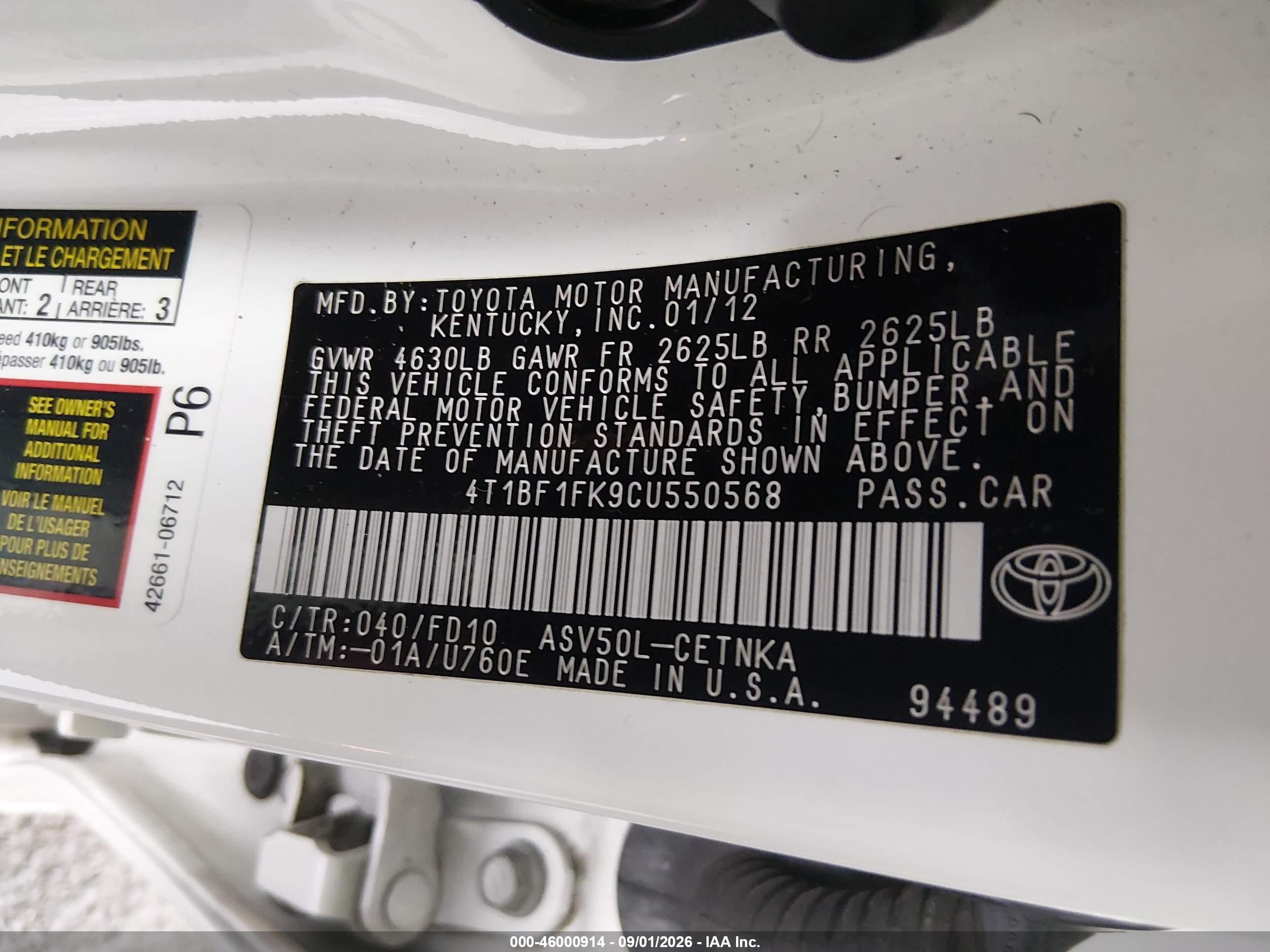 2012 Toyota Camry Le White vin: 4T1BF1FK9CU550568