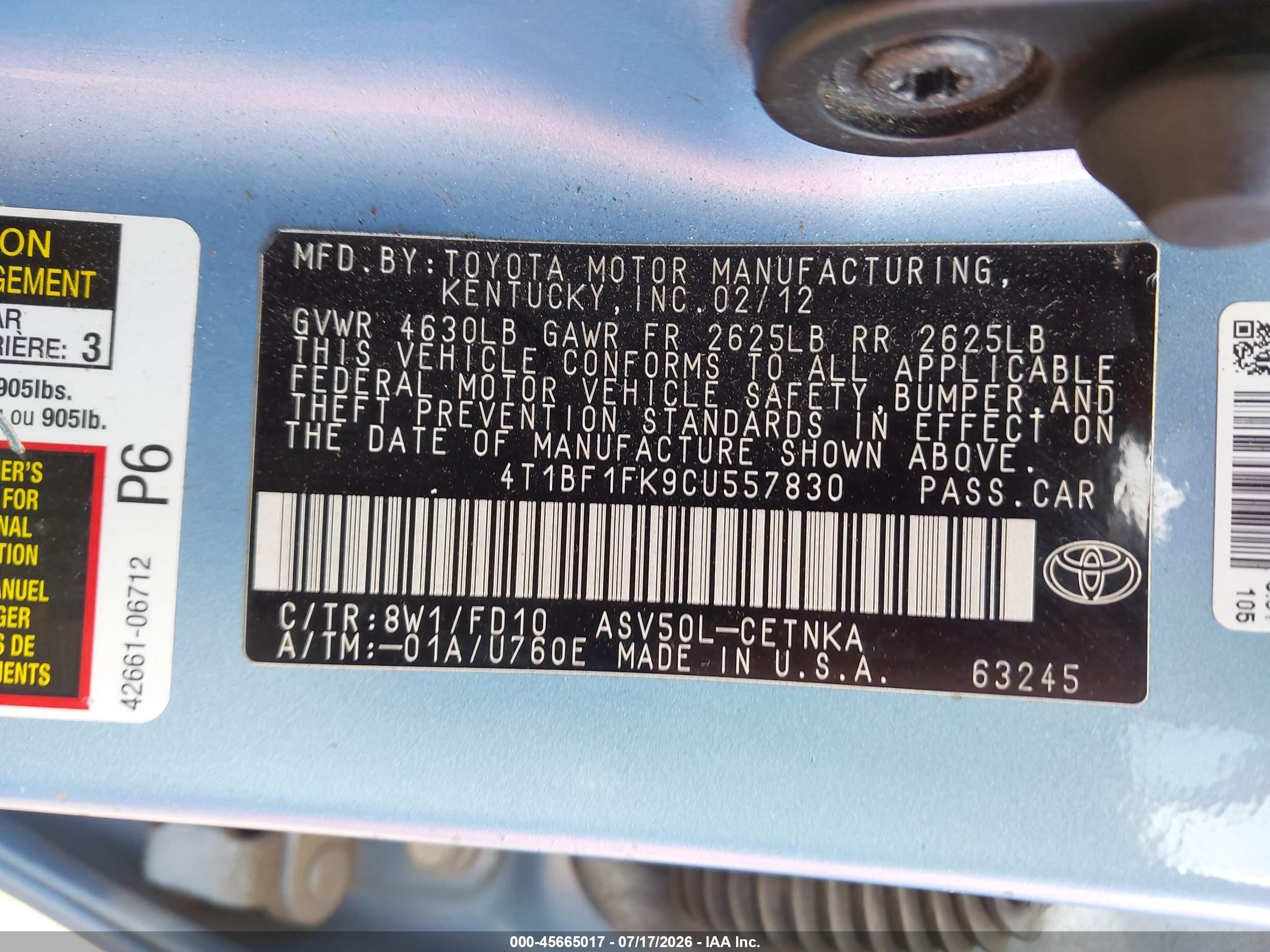 2012 Toyota Camry Le Blue vin: 4T1BF1FK9CU557830