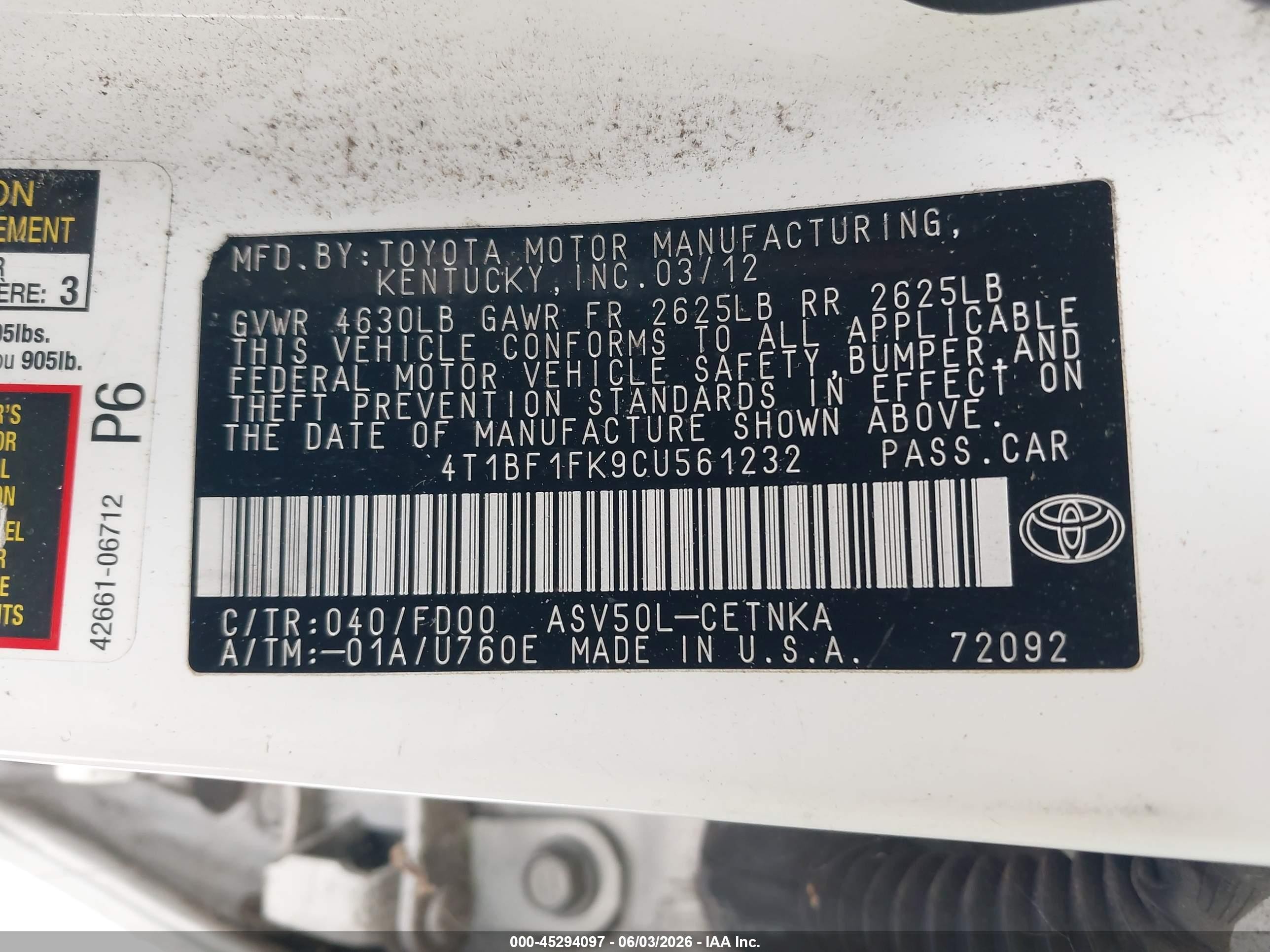 2012 Toyota Camry Le White vin: 4T1BF1FK9CU561232