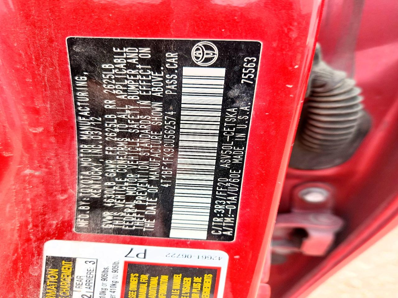 2012 Toyota Camry Se Red vin: 4T1BF1FK9CU562574