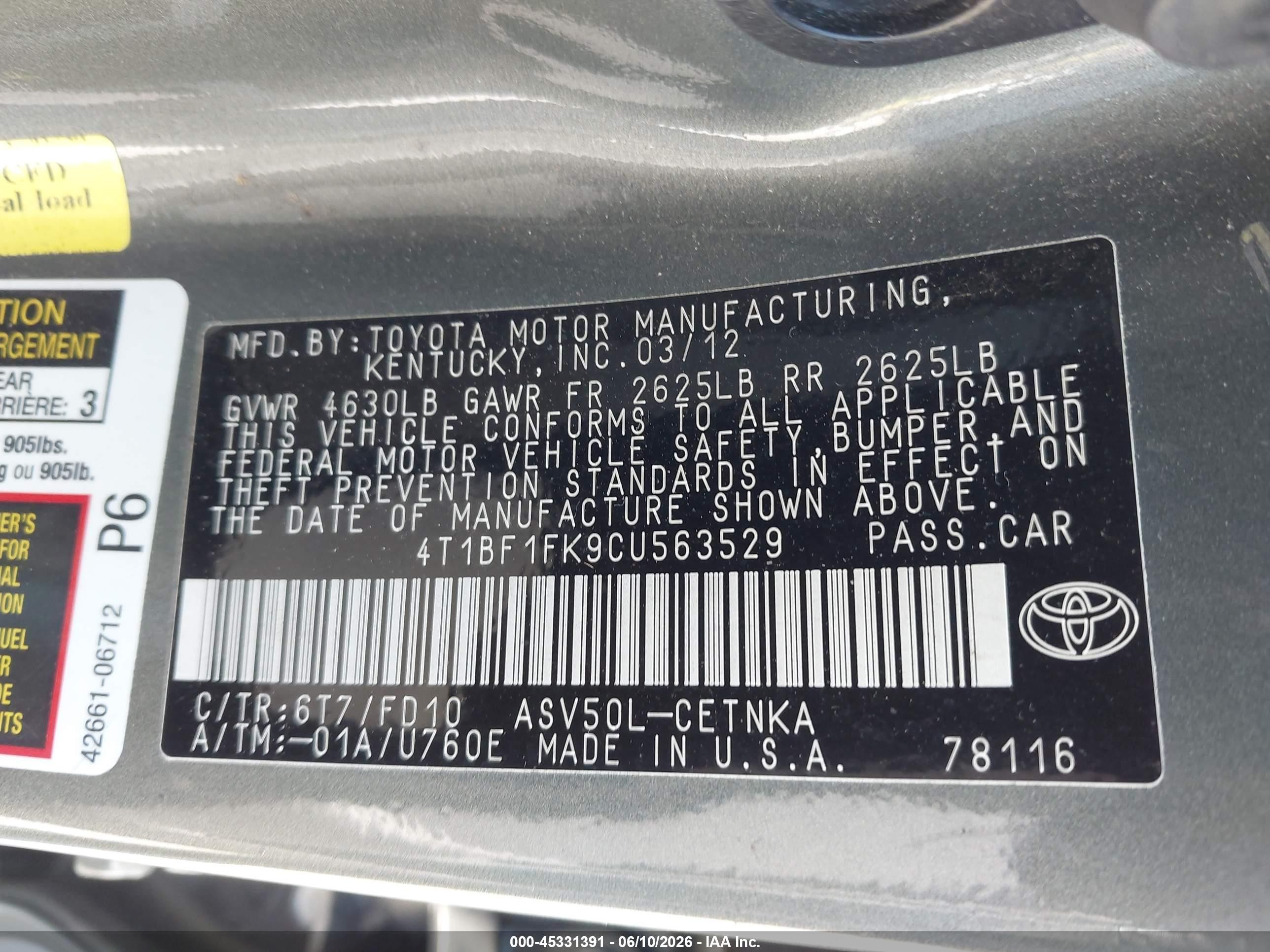 2012 Toyota Camry Le Green vin: 4T1BF1FK9CU563529