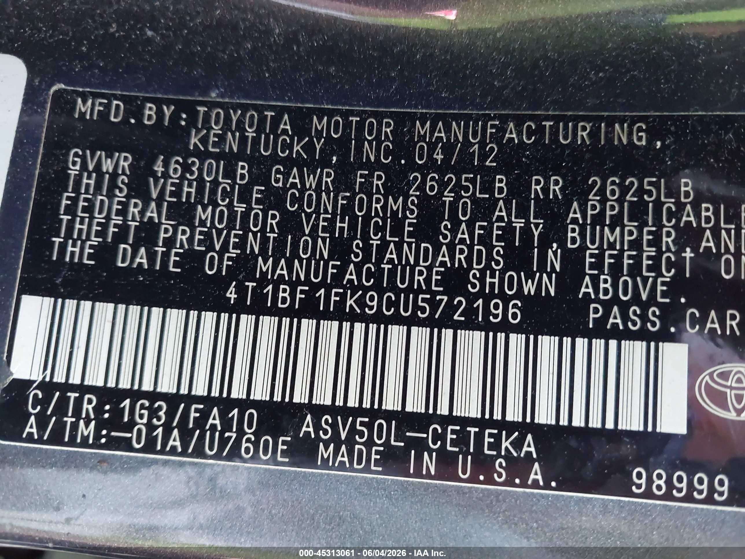 2012 Toyota Camry L Gray vin: 4T1BF1FK9CU572196