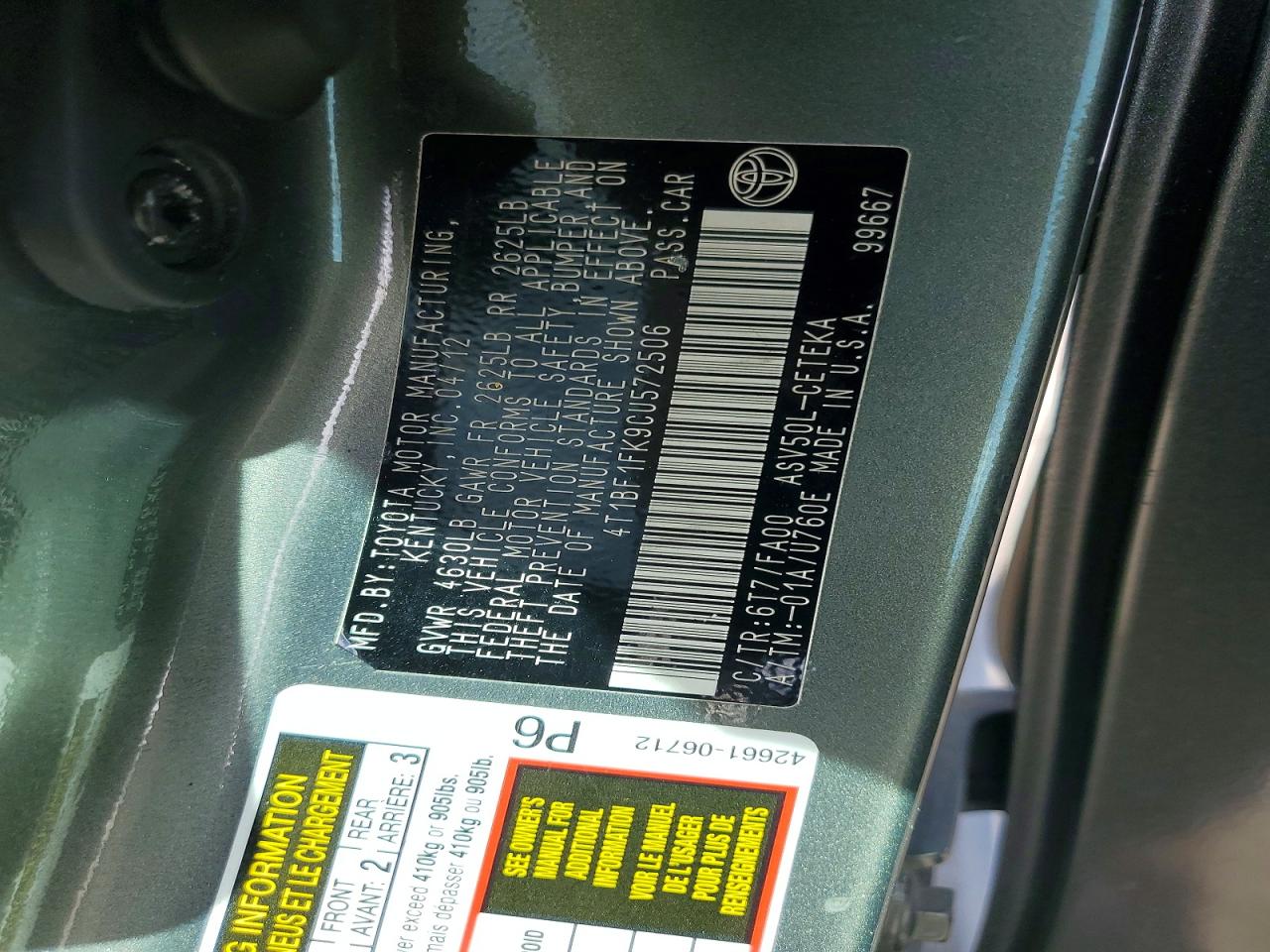 2012 Toyota Camry L Green vin: 4T1BF1FK9CU572506