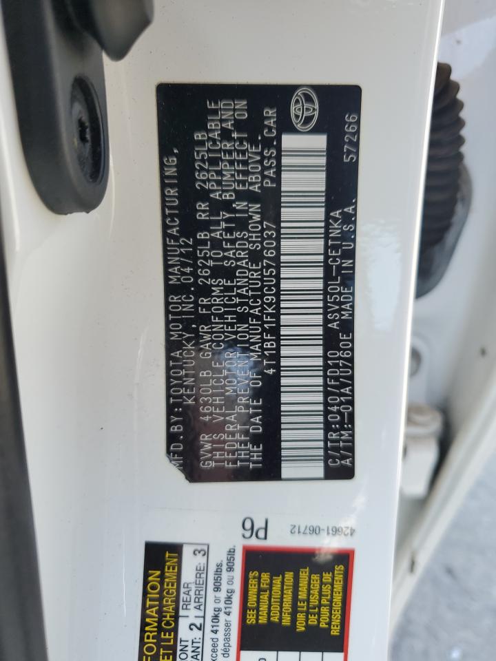 2012 Toyota Camry Base   White vin: 4T1BF1FK9CU576037