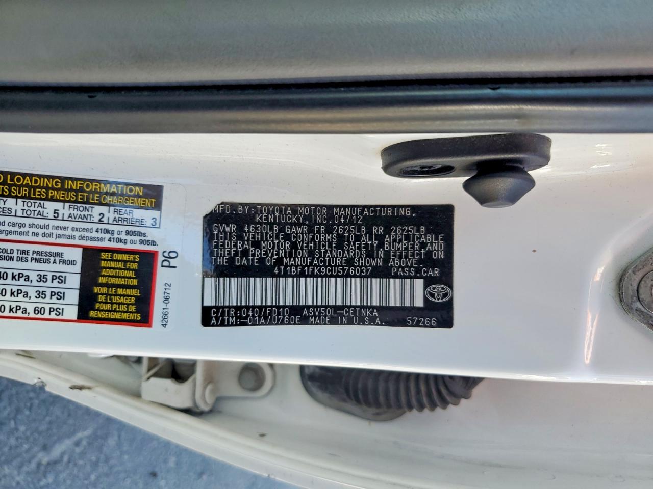 2012 Toyota Camry Le White vin: 4T1BF1FK9CU576037