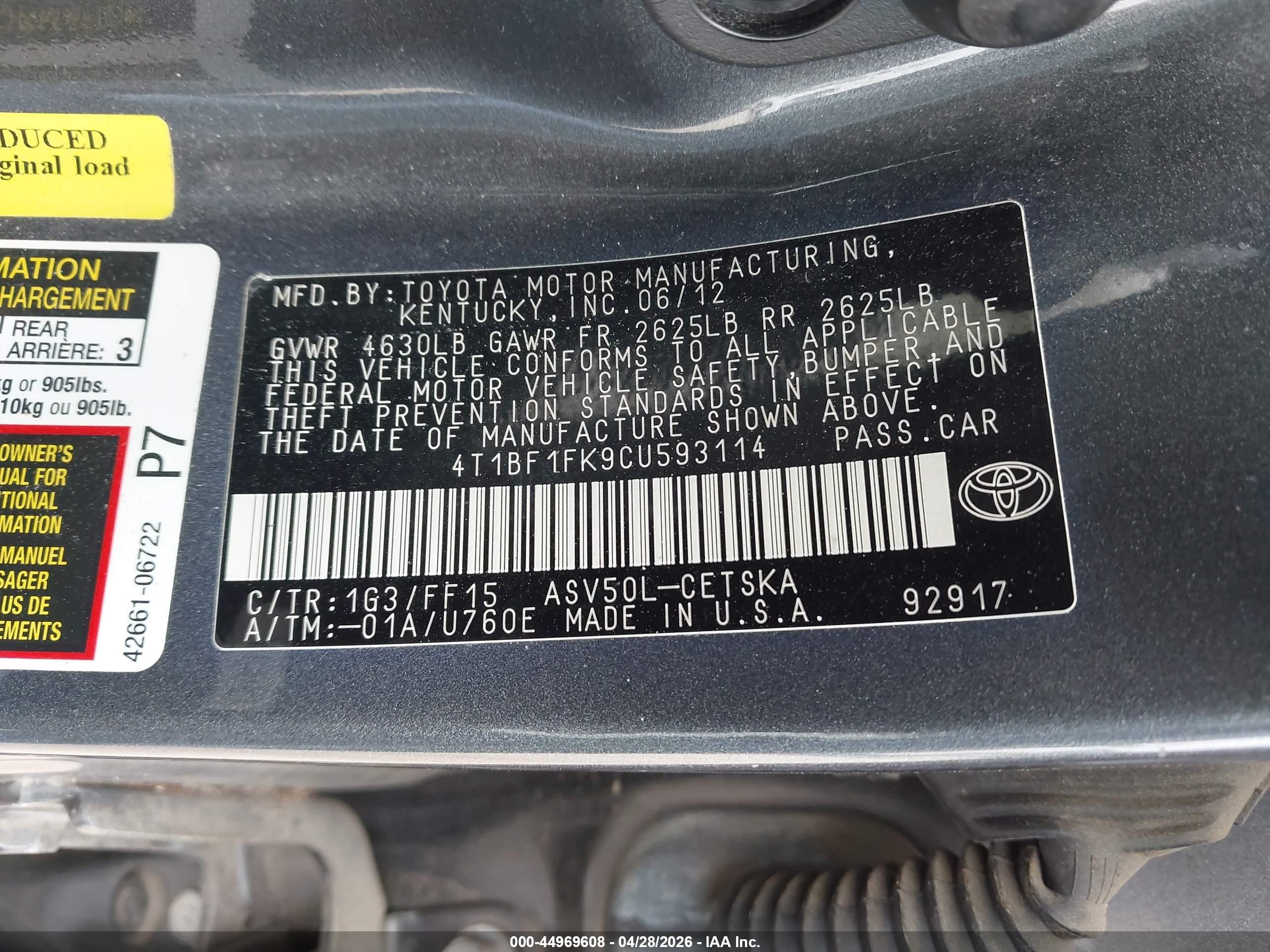 2012 Toyota Camry Se Gray vin: 4T1BF1FK9CU593114