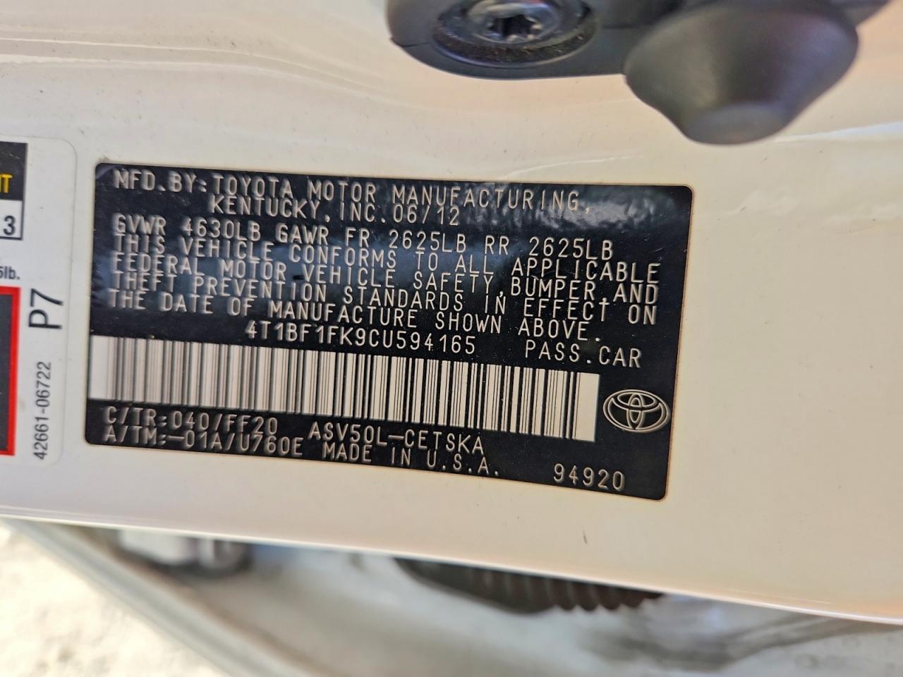 2012 Toyota Camry Se White vin: 4T1BF1FK9CU594165