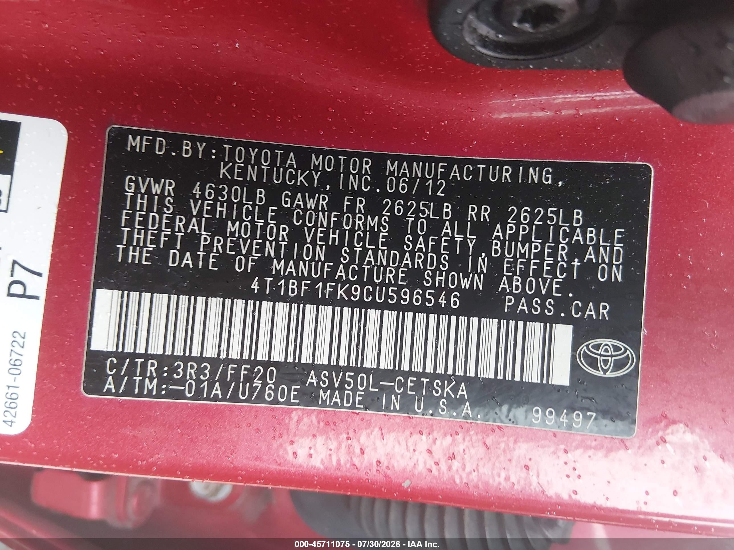 2012 Toyota Camry Se Red vin: 4T1BF1FK9CU596546