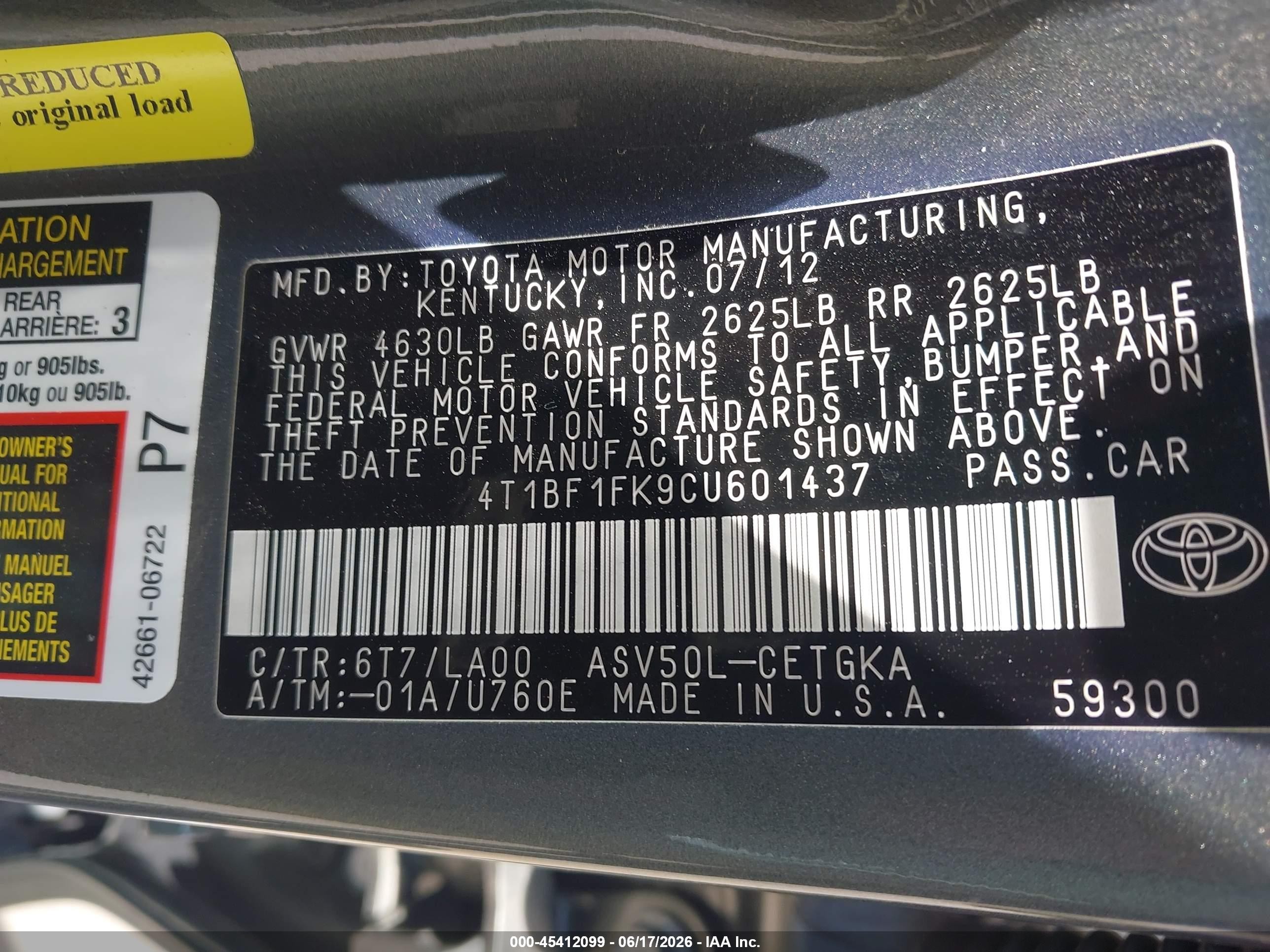 2012 Toyota Camry Xle Gray vin: 4T1BF1FK9CU601437