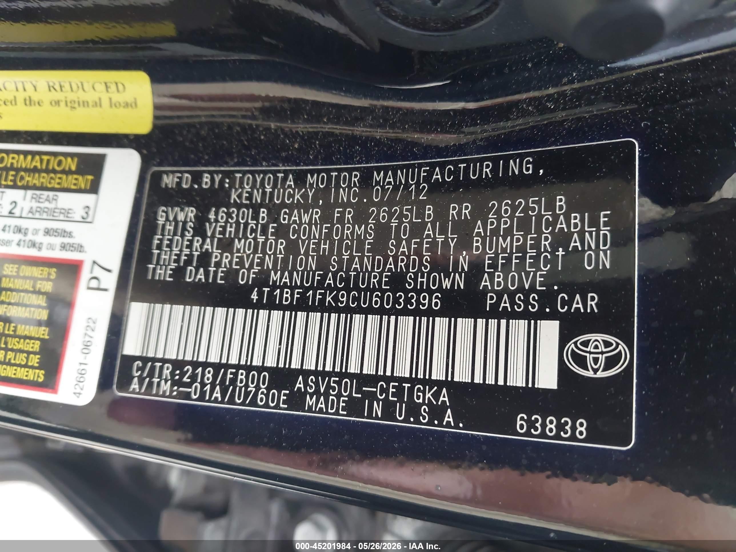 2012 Toyota Camry Xle Черный vin: 4T1BF1FK9CU603396