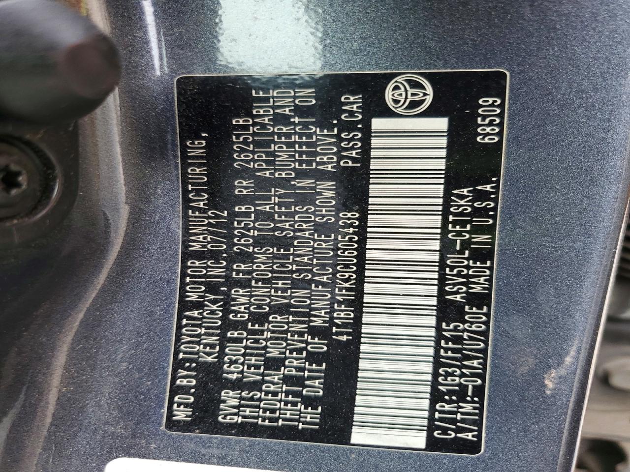 2012 Toyota Camry Se Charcoal vin: 4T1BF1FK9CU605438