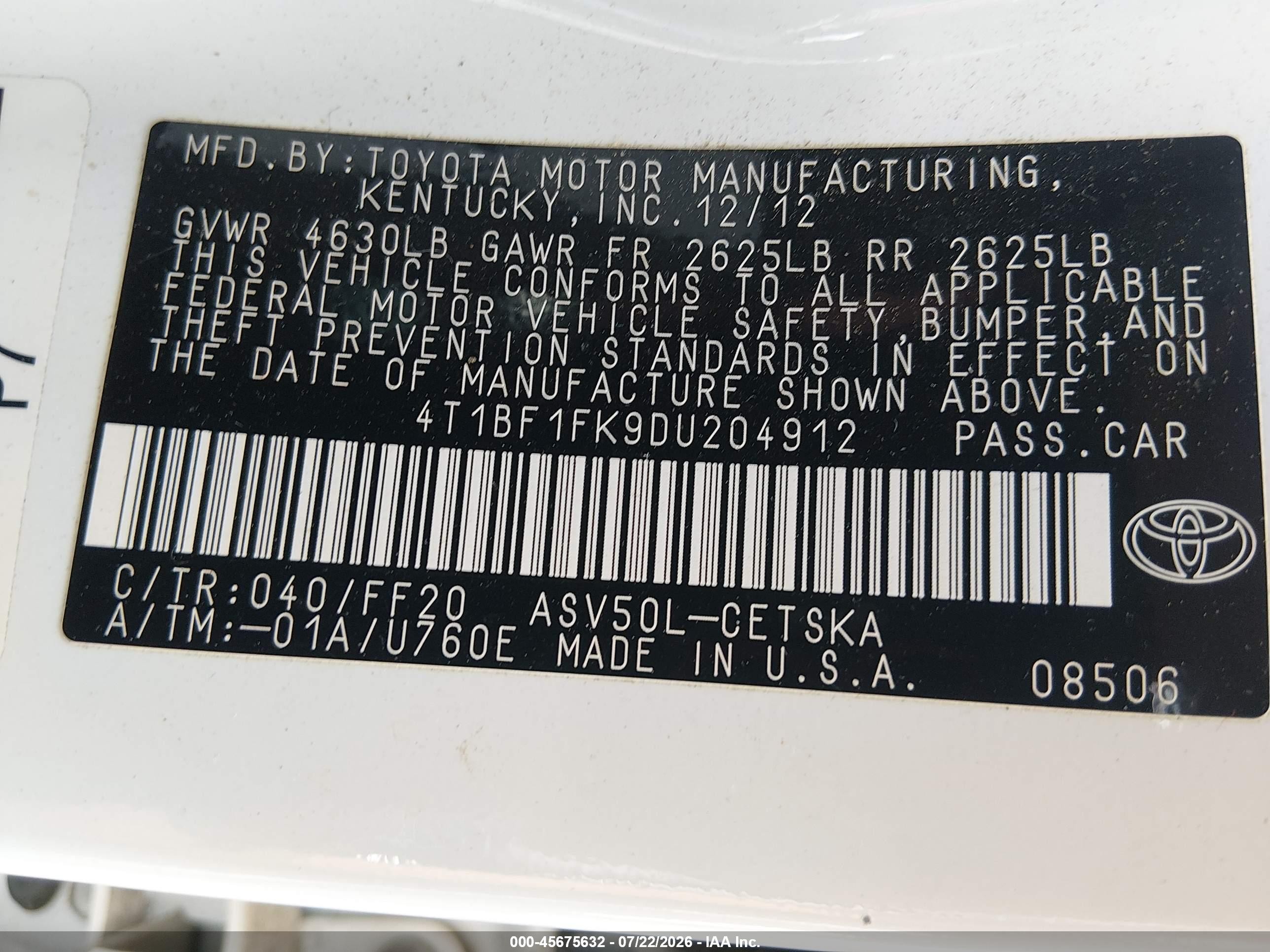 2013 Toyota Camry Se White vin: 4T1BF1FK9DU204912