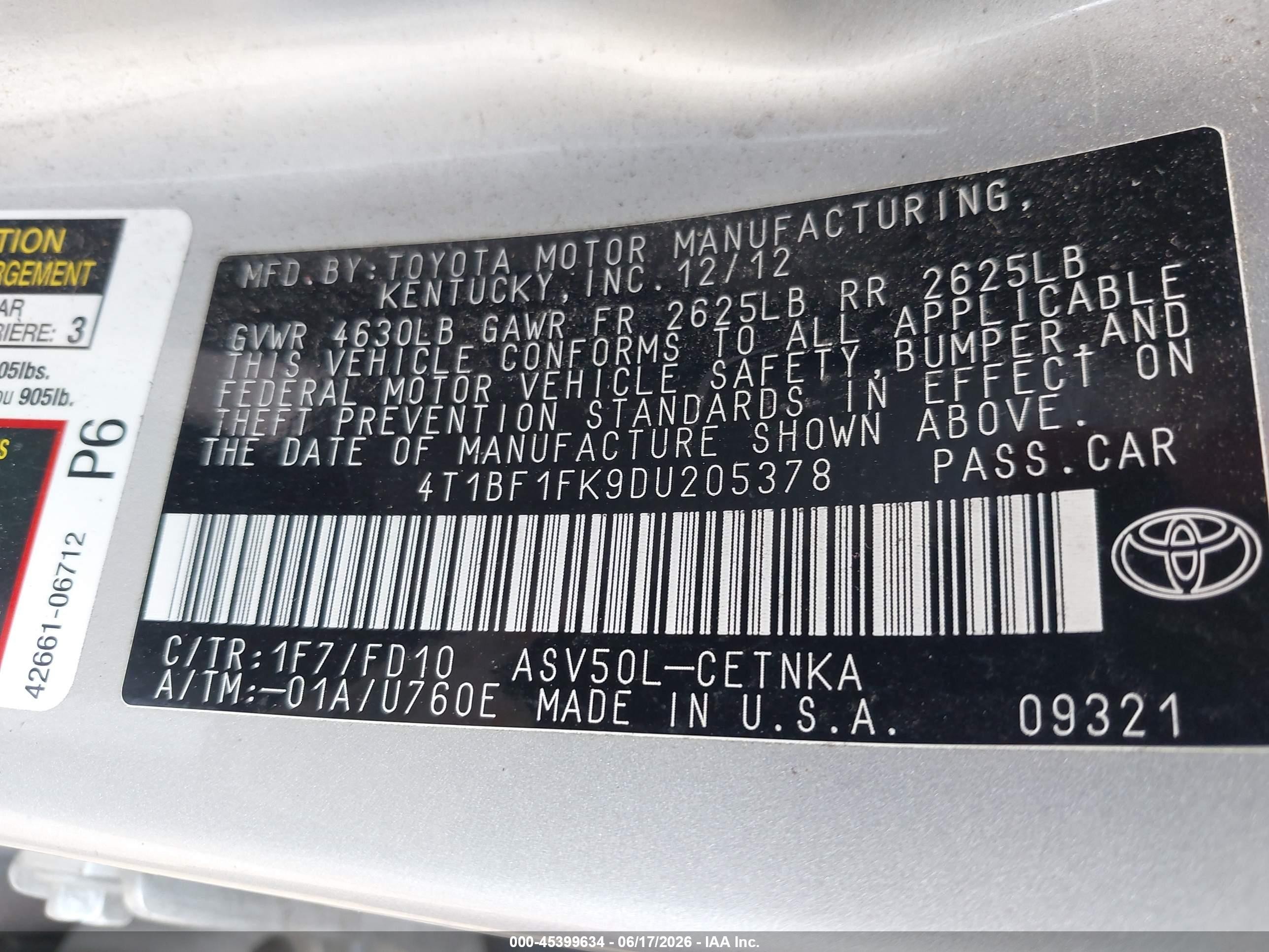2013 Toyota Camry Le Silver vin: 4T1BF1FK9DU205378