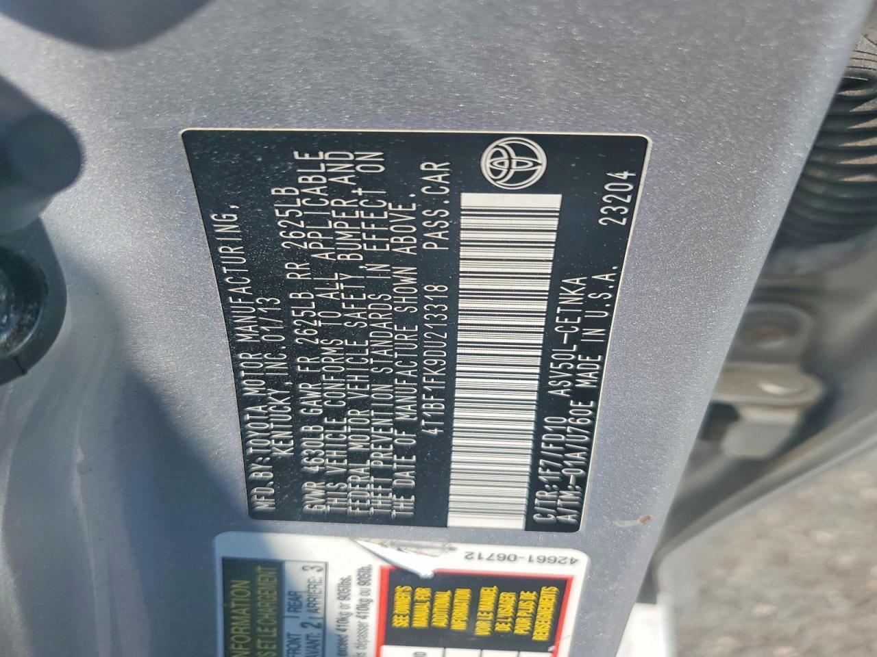 2013 Toyota Camry Le Silver vin: 4T1BF1FK9DU213318