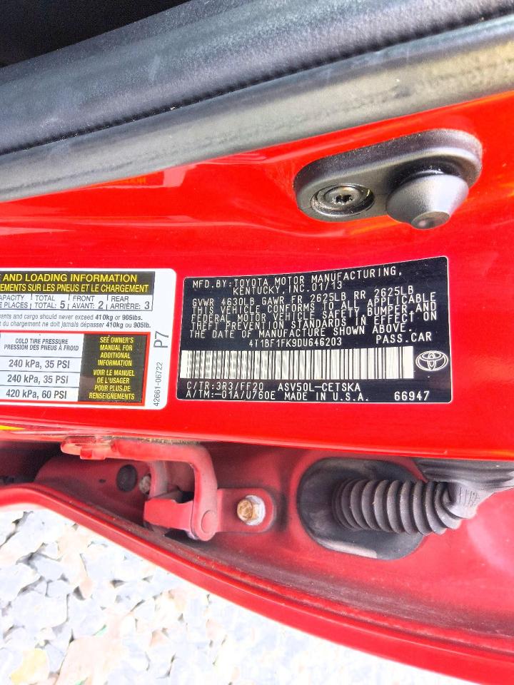 2013 Toyota Camry Se Red vin: 4T1BF1FK9DU646203