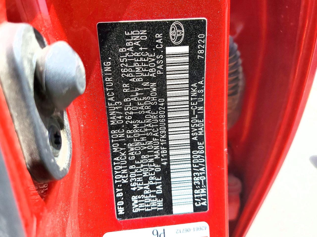2013 Toyota Camry Le Red vin: 4T1BF1FK9DU680240
