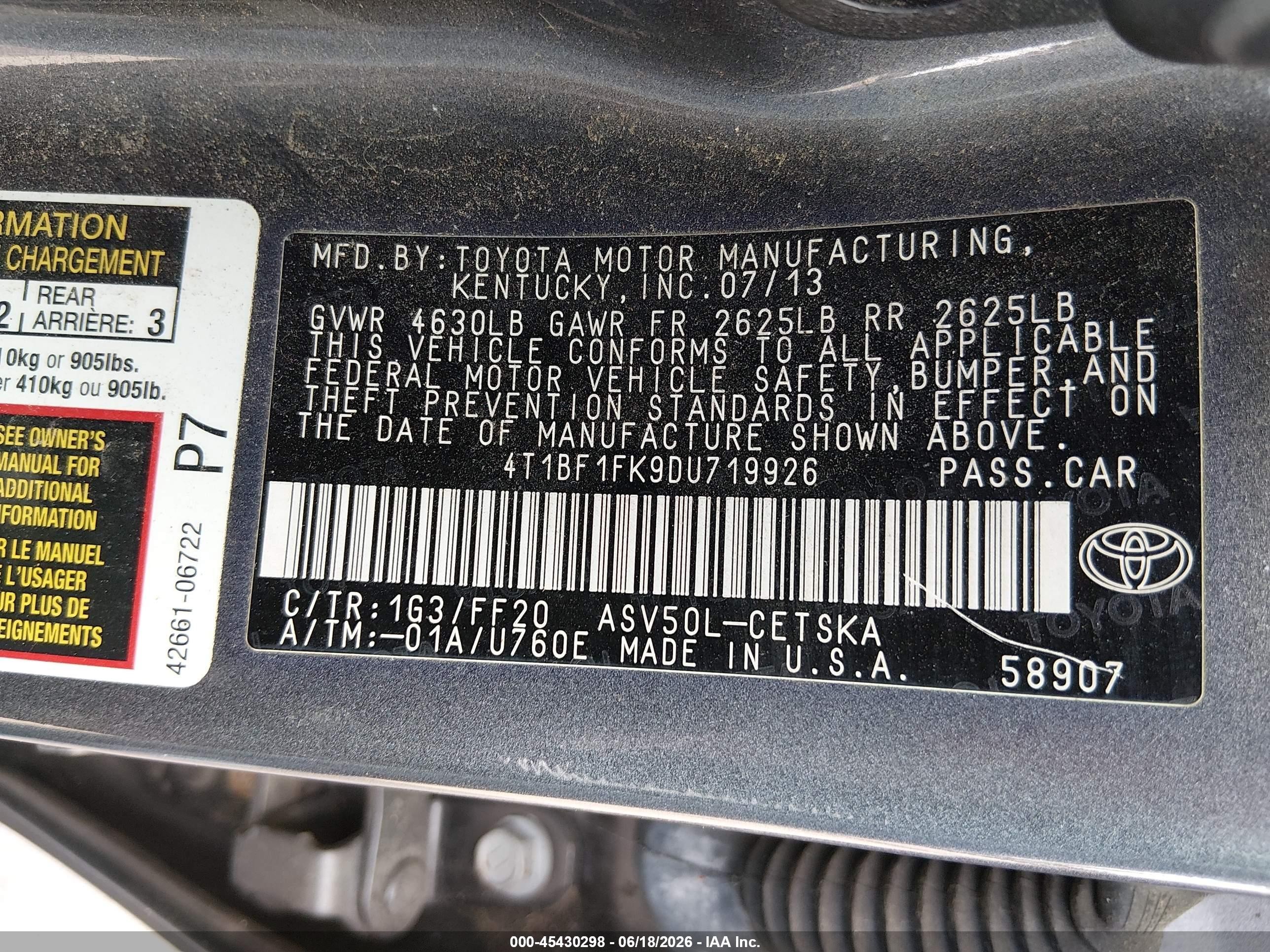 2013 Toyota Camry Se Gray vin: 4T1BF1FK9DU719926