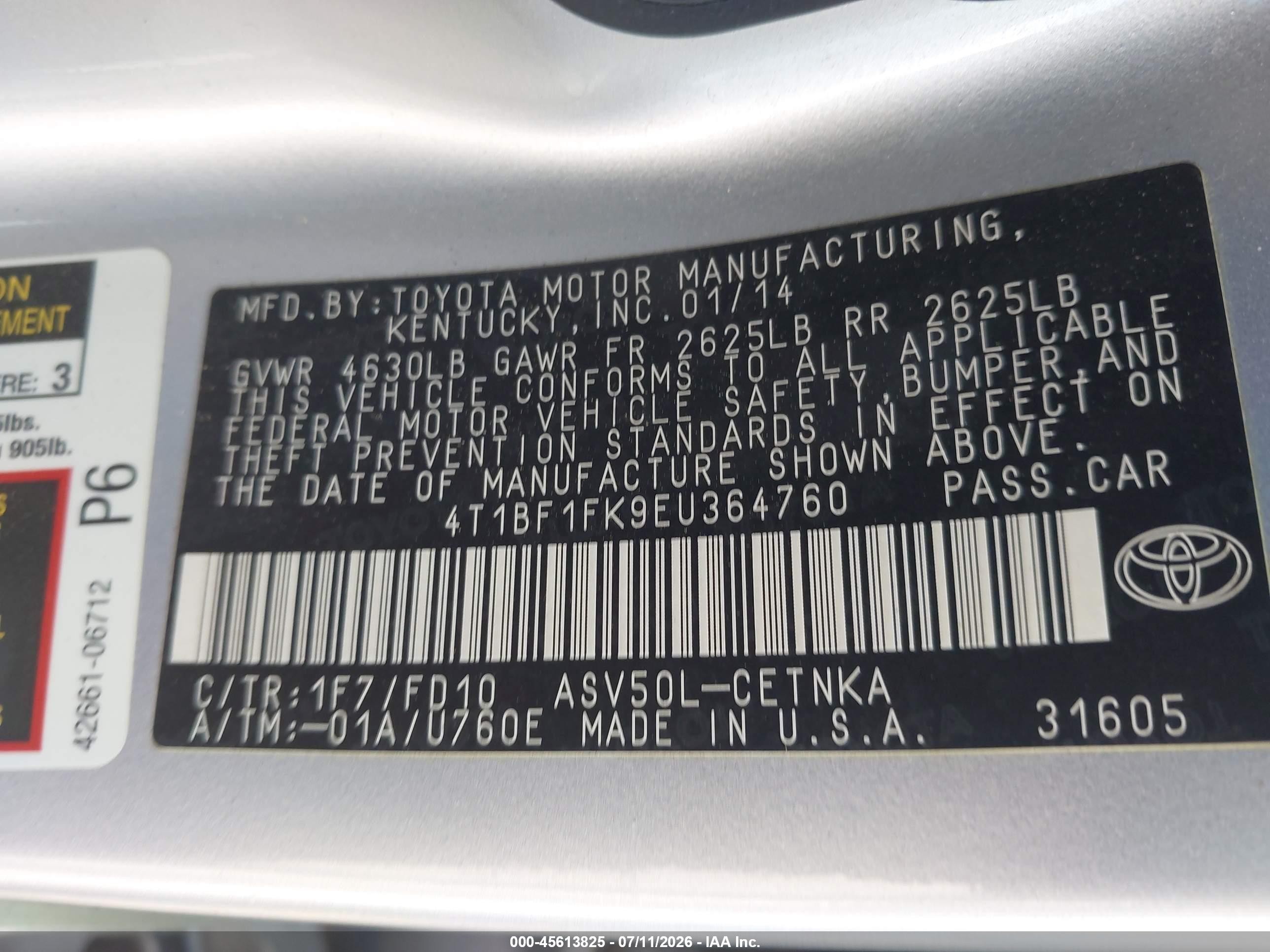 2014 Toyota Camry Le Silver vin: 4T1BF1FK9EU364760