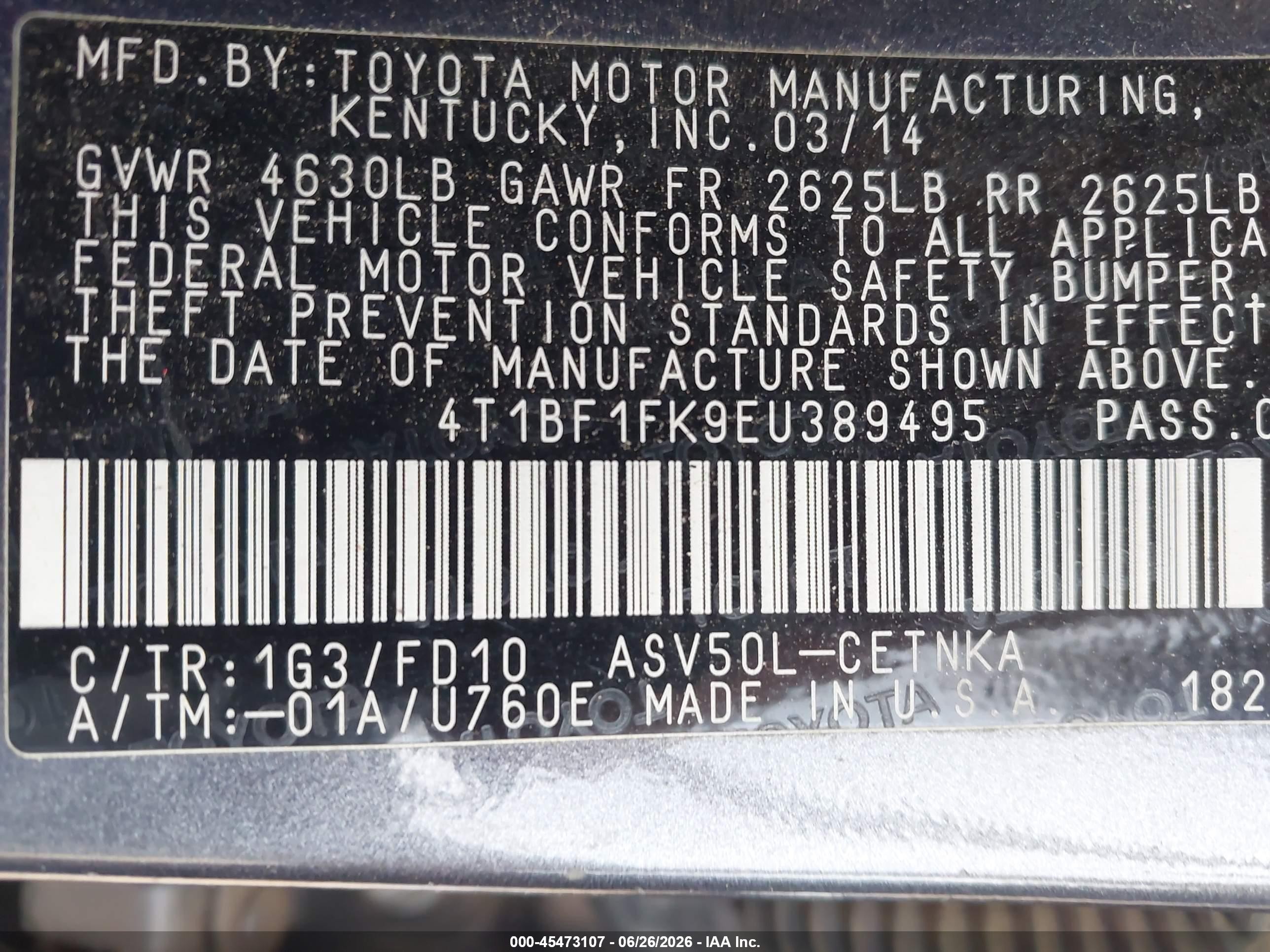 2014 Toyota Camry Le Gray vin: 4T1BF1FK9EU389495