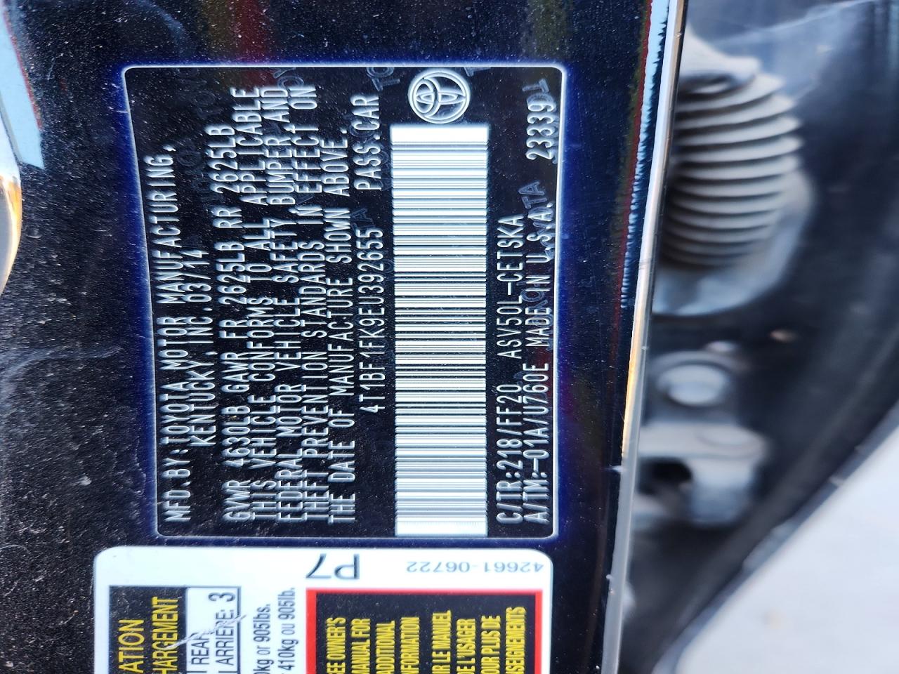 2014 Toyota Camry Se Black vin: 4T1BF1FK9EU392655