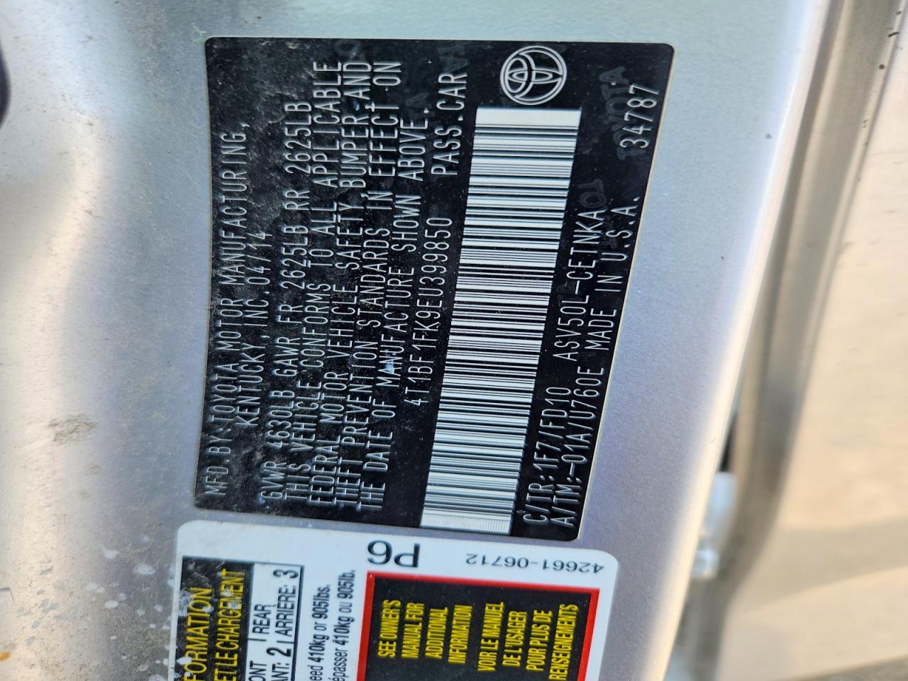 2014 Toyota Camry Le Silver vin: 4T1BF1FK9EU399850