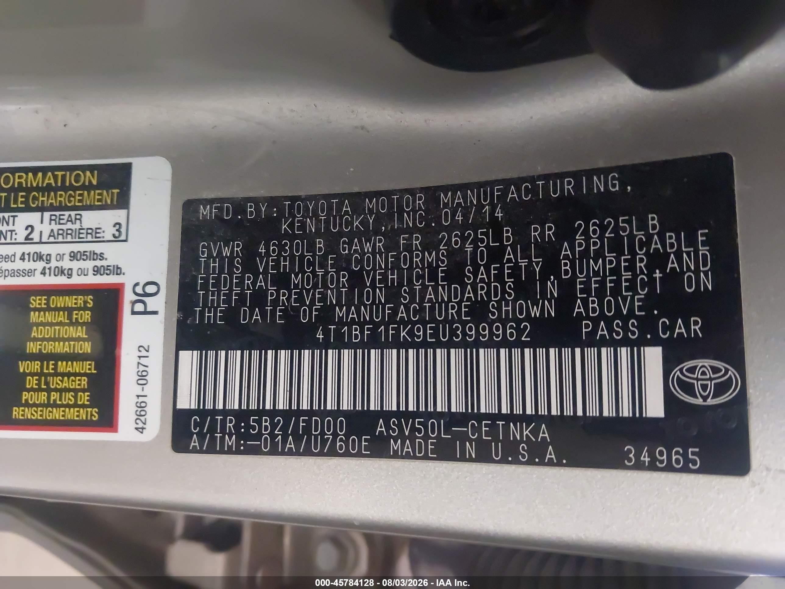 2014 Toyota Camry Le Tan vin: 4T1BF1FK9EU399962