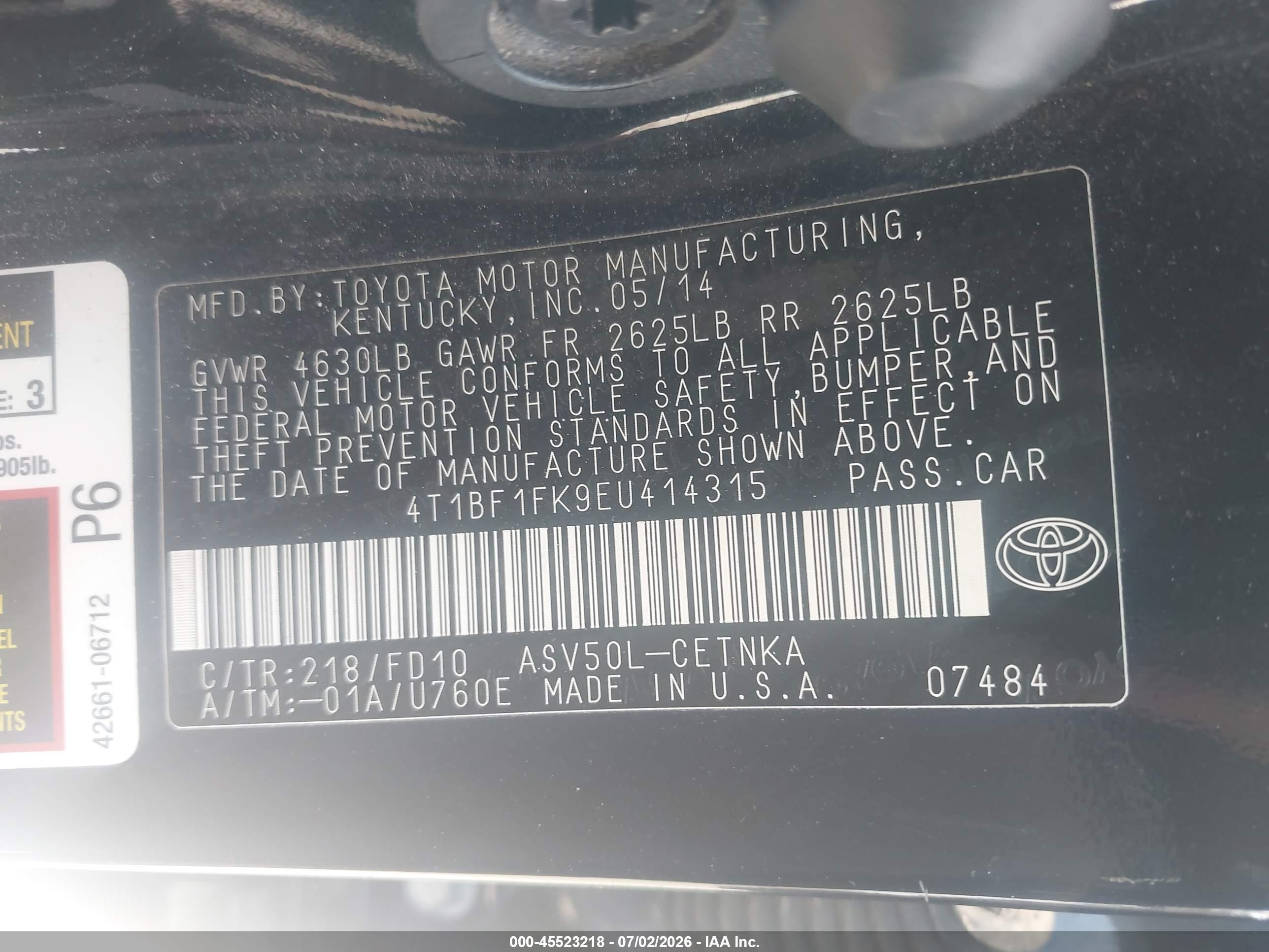 2014 Toyota Camry Le Black vin: 4T1BF1FK9EU414315