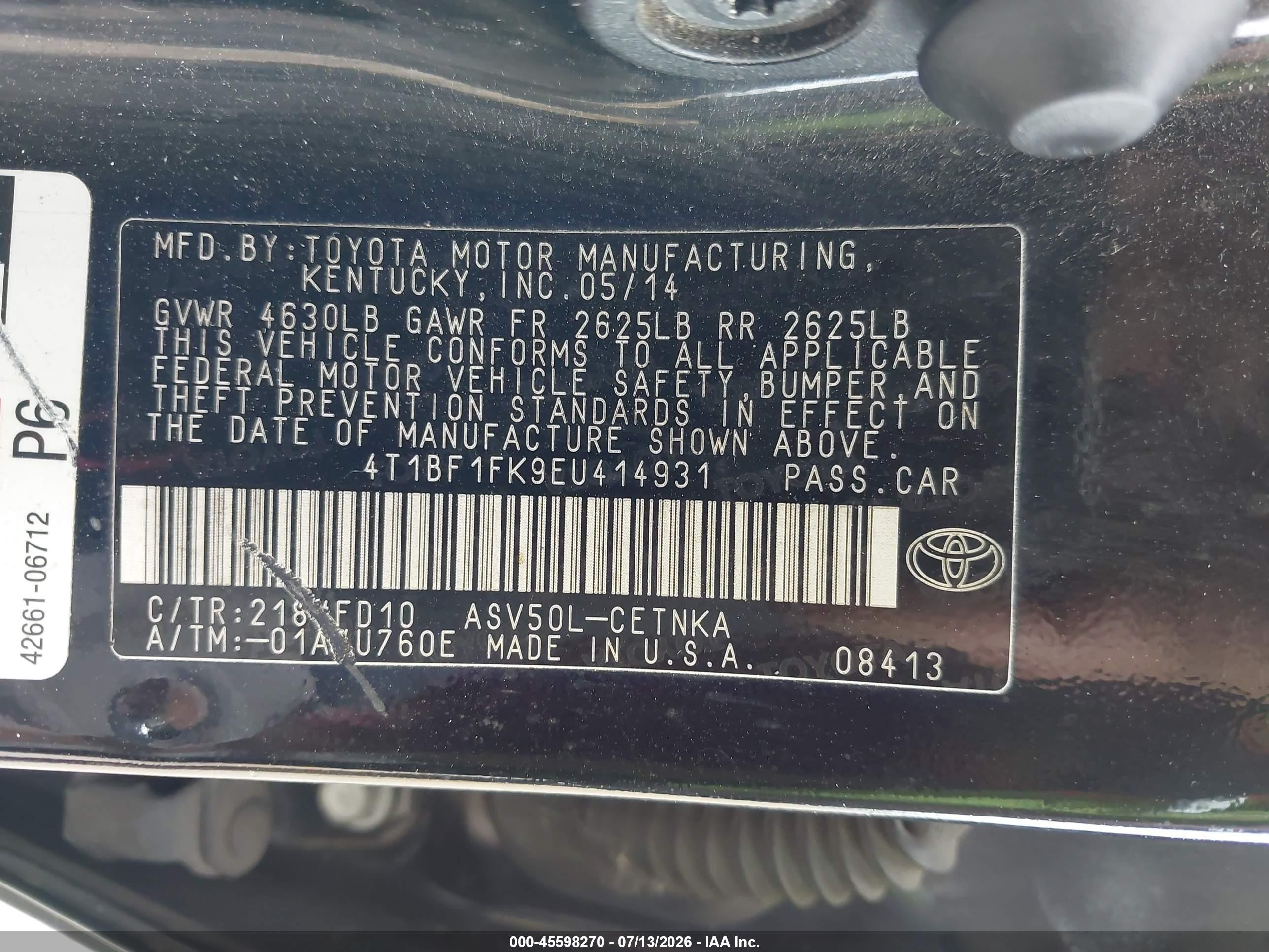 2014 Toyota Camry Le Black vin: 4T1BF1FK9EU414931