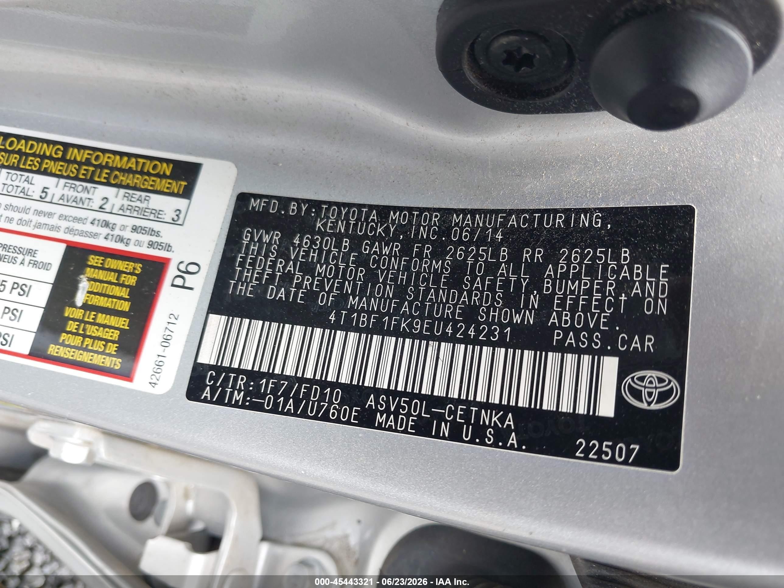 2014 Toyota Camry Le Silver vin: 4T1BF1FK9EU424231