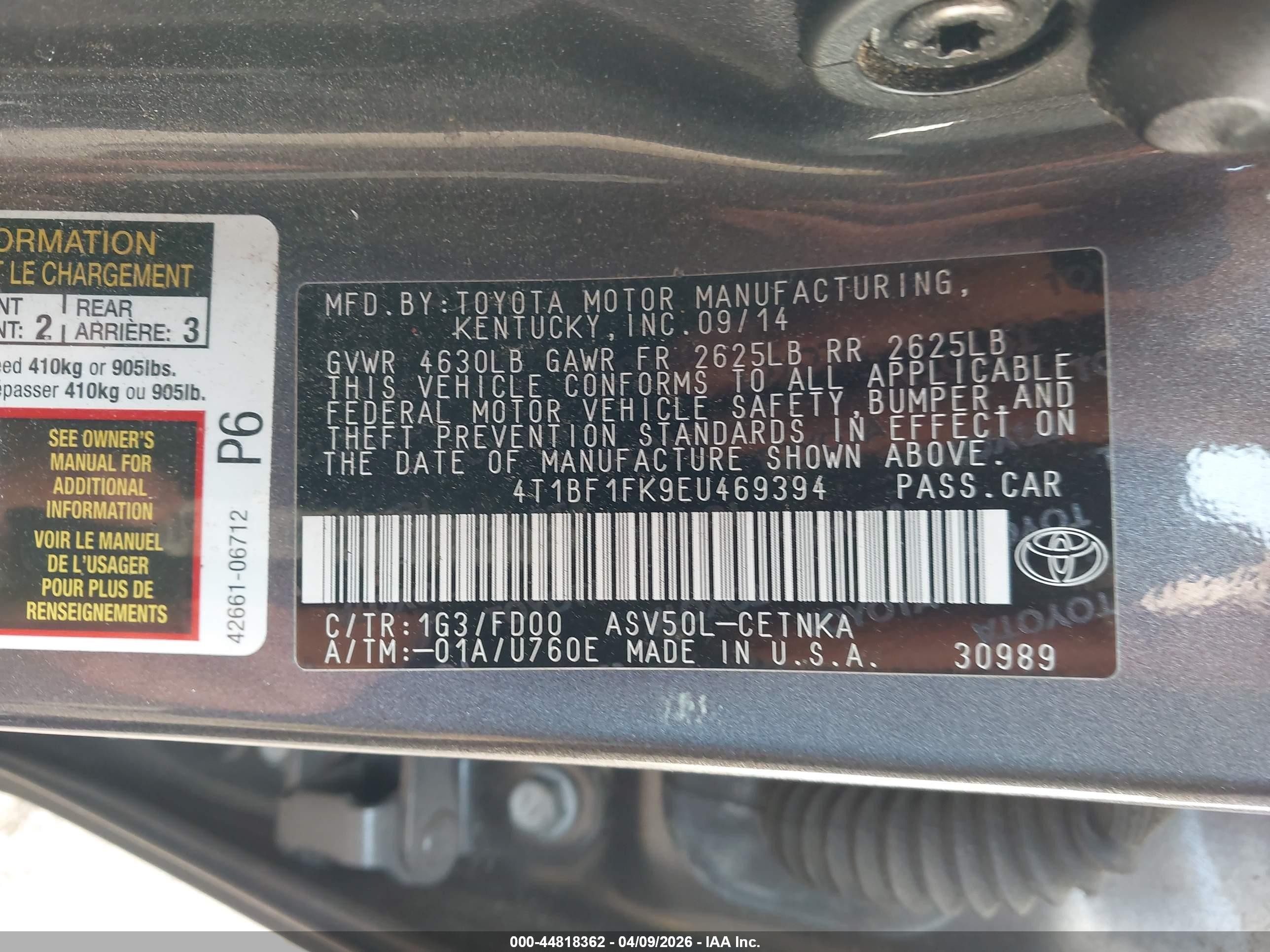 2014 Toyota Camry Le Серый vin: 4T1BF1FK9EU469394