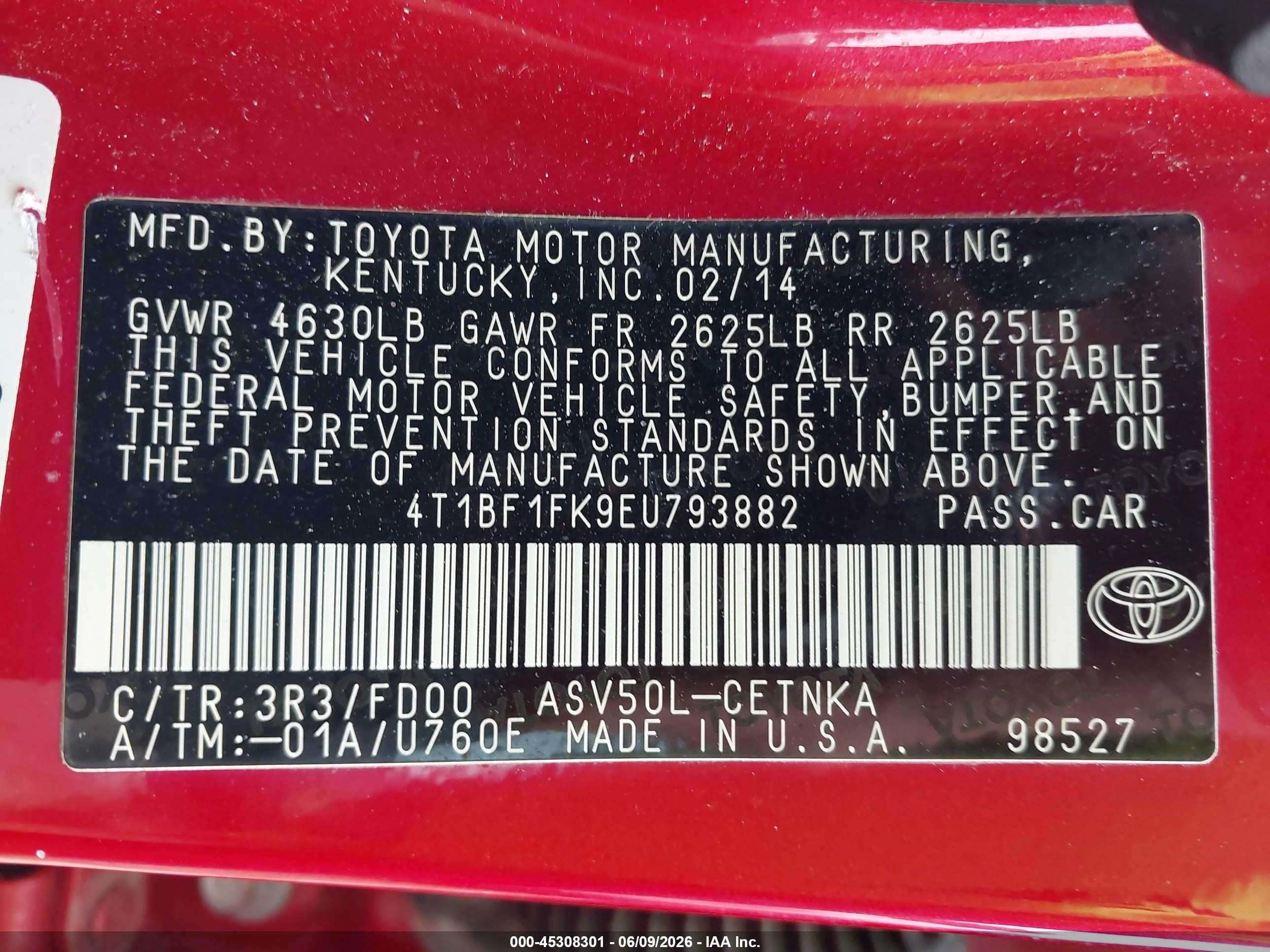 2014 Toyota Camry Le Красный vin: 4T1BF1FK9EU793882
