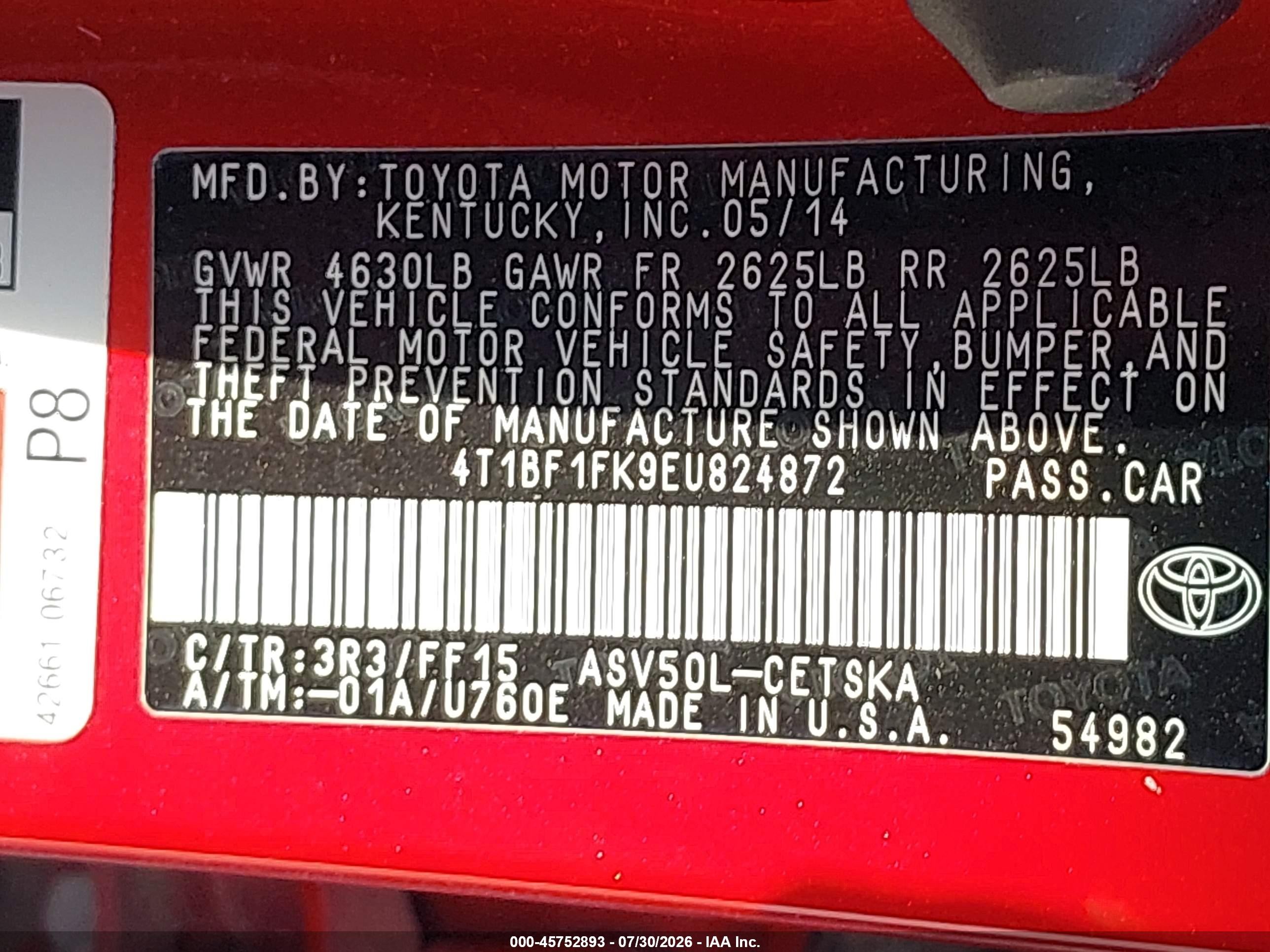 2014 Toyota Camry Se Sport Бордовый vin: 4T1BF1FK9EU824872