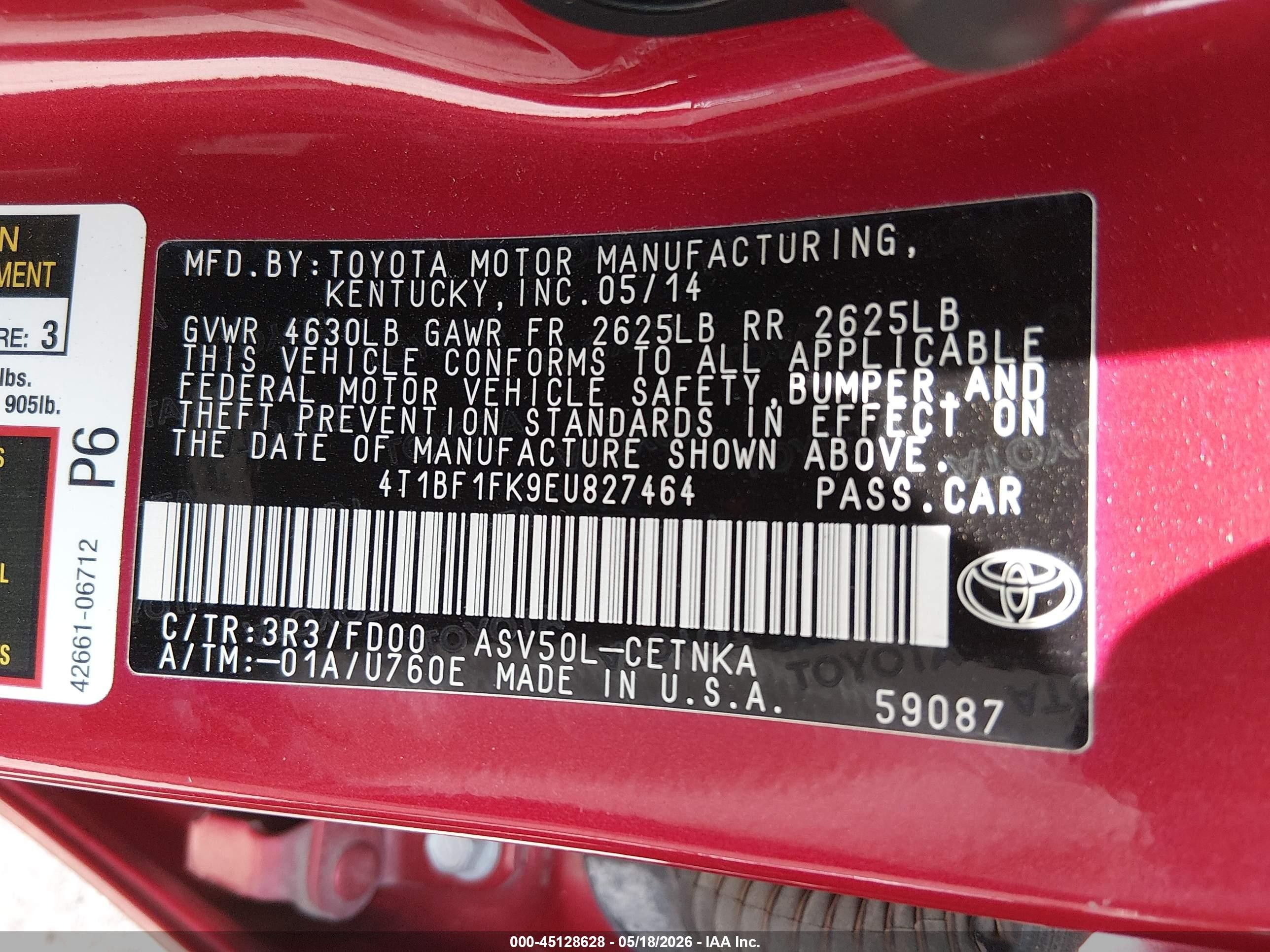 2014 Toyota Camry Le Red vin: 4T1BF1FK9EU827464