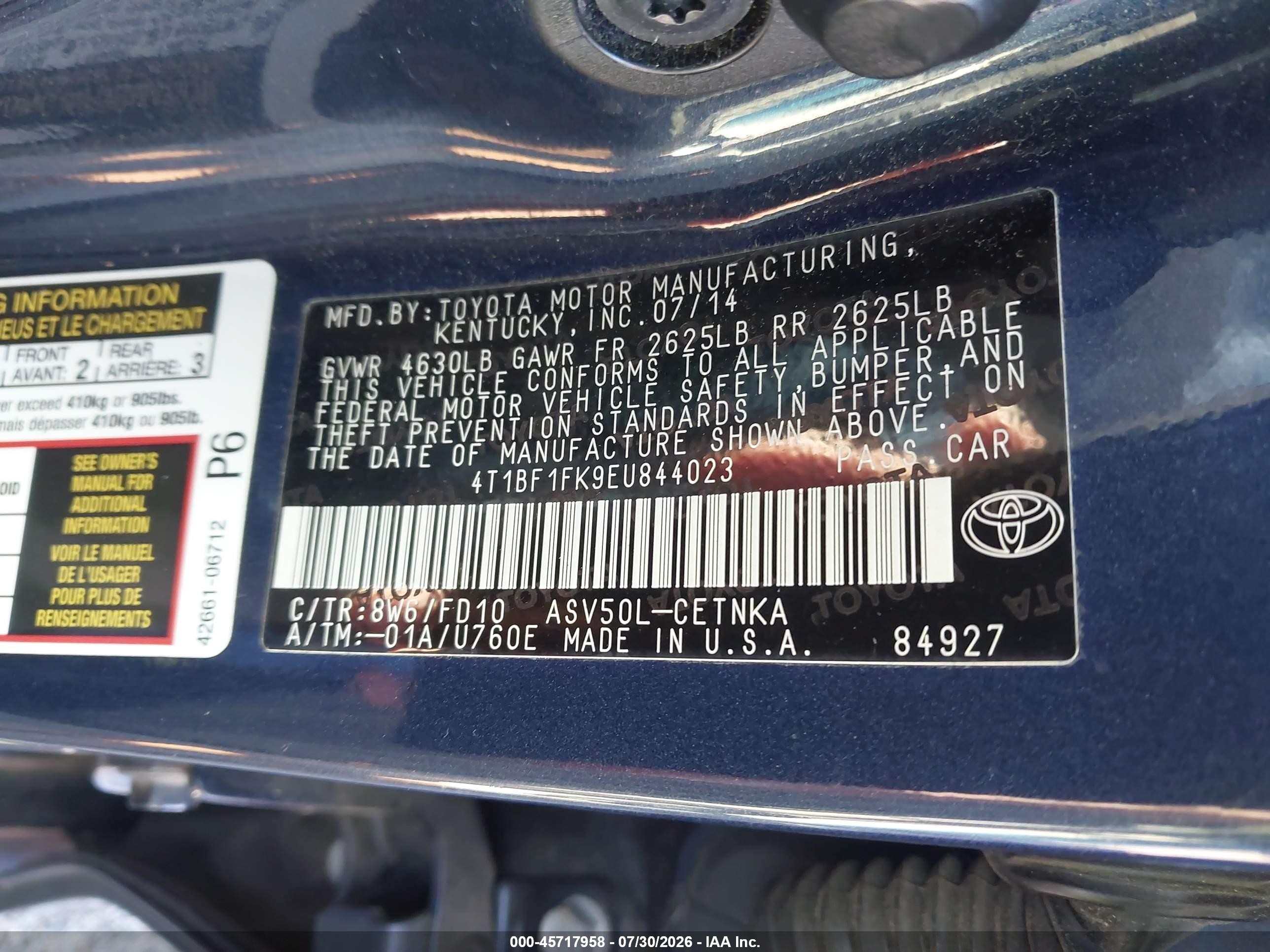 2014 Toyota Camry Le Blue vin: 4T1BF1FK9EU844023