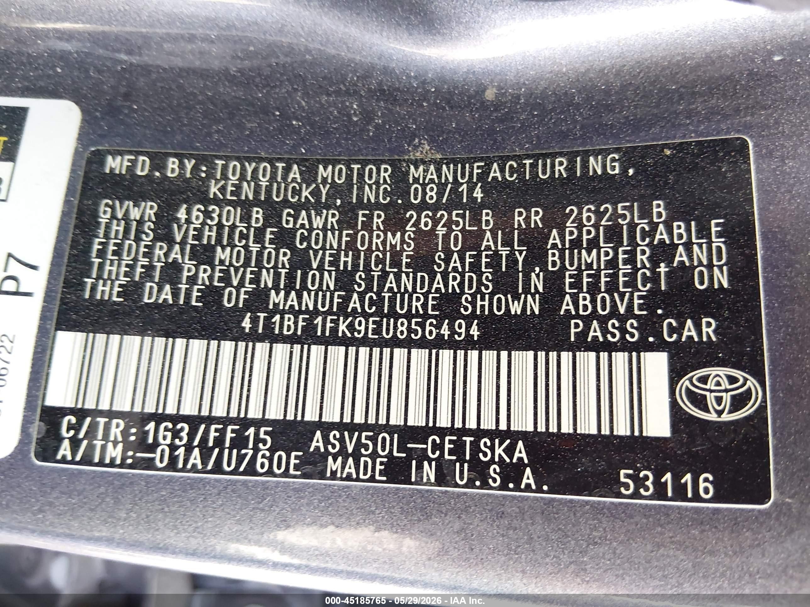 2014 Toyota Camry Se Gray vin: 4T1BF1FK9EU856494