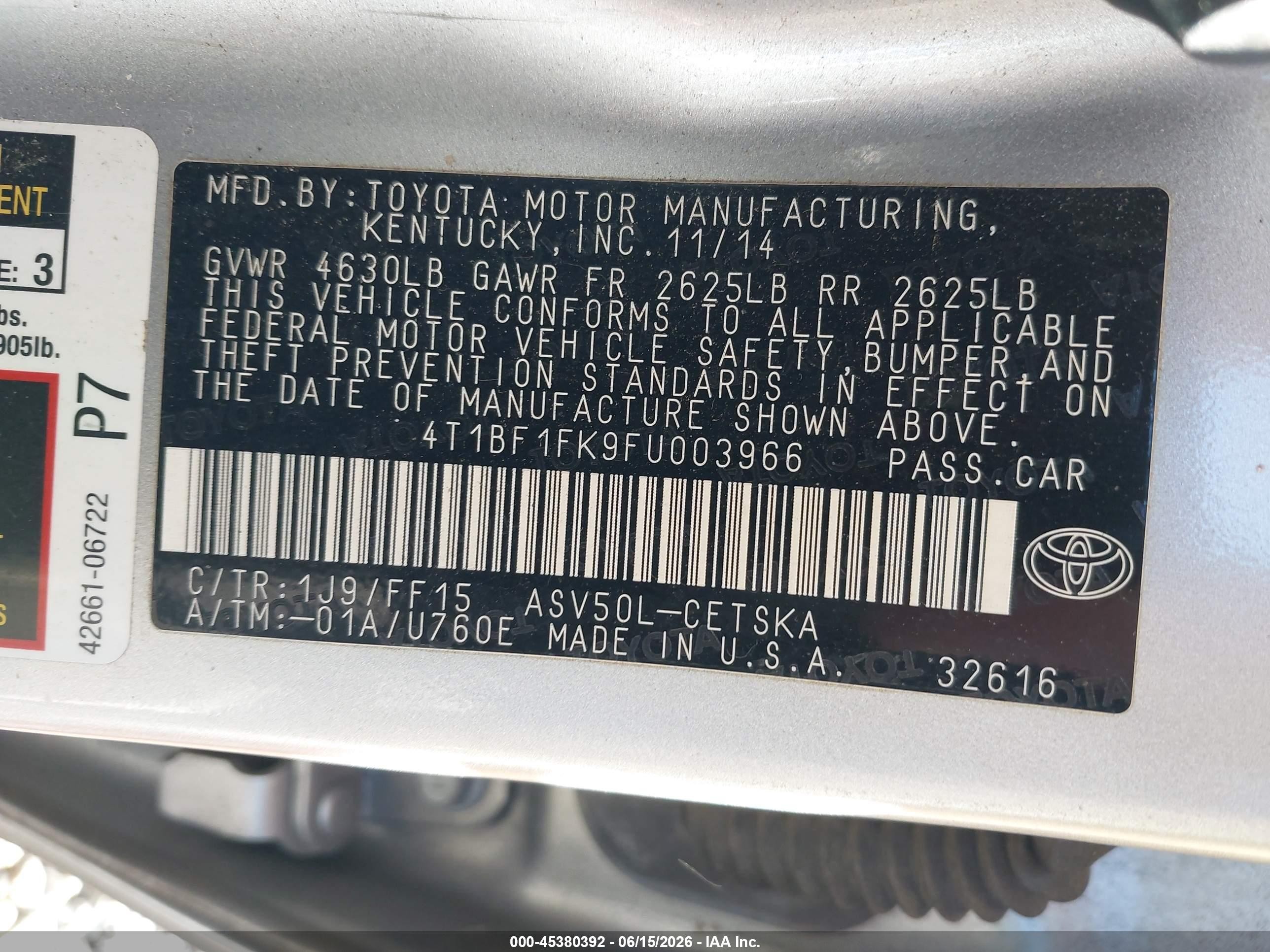2015 Toyota Camry Se Silver vin: 4T1BF1FK9FU003966