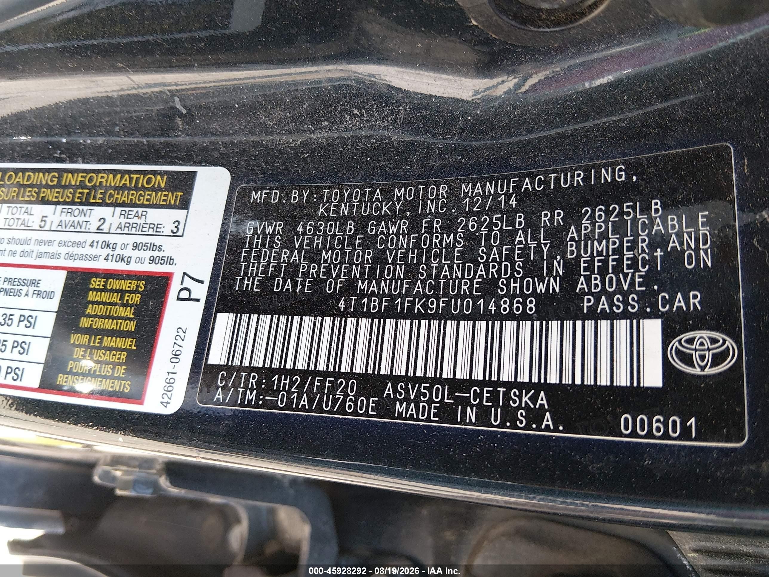 2015 Toyota Camry Se Dark Blue vin: 4T1BF1FK9FU014868