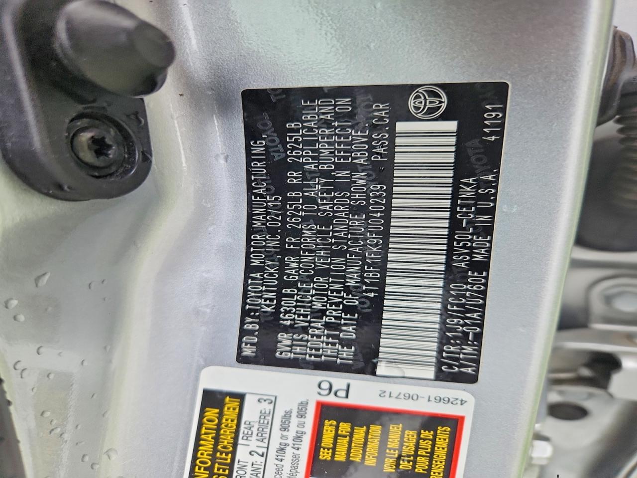 2015 Toyota Camry Le Silver vin: 4T1BF1FK9FU040239