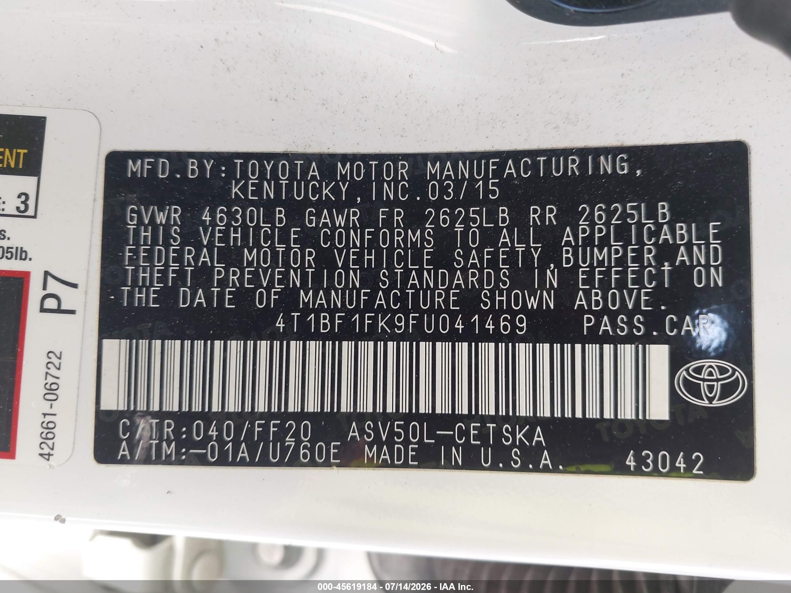 2015 Toyota Camry Se White vin: 4T1BF1FK9FU041469